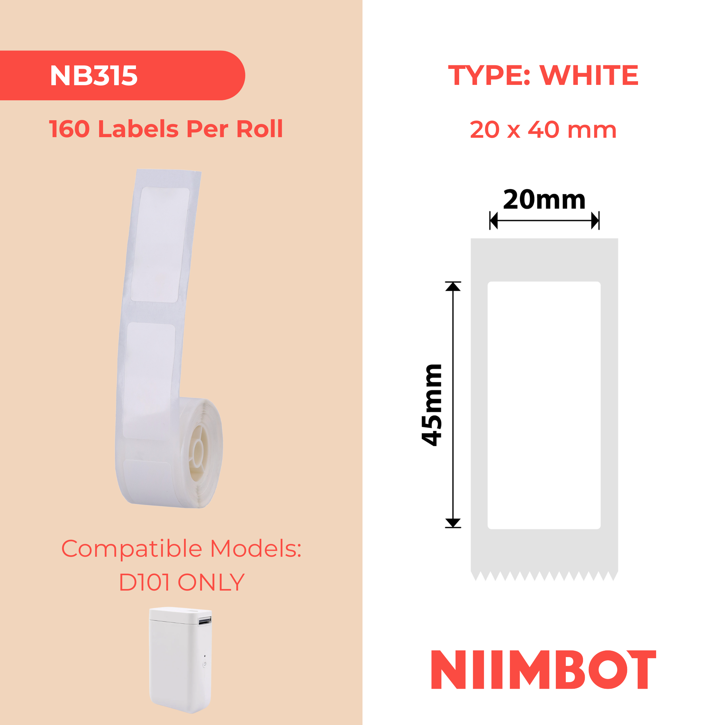 NB315 - NIIMBOT - D101 ONLY - 20X45MM - 150 WHITE LABELS