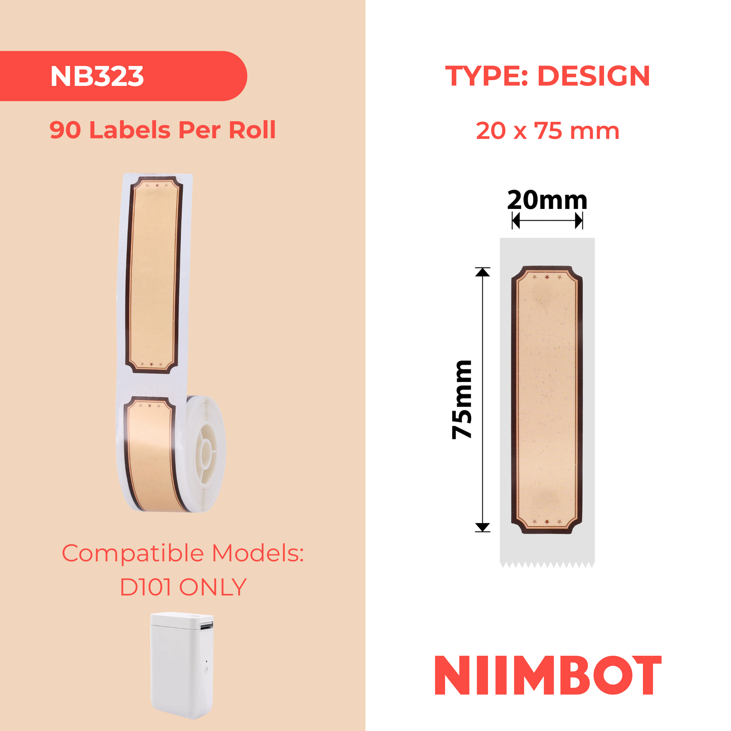 NB323 - NIIMBOT - D101 ONLY - 20X75MM - 90 BROWN WOOD LABELS