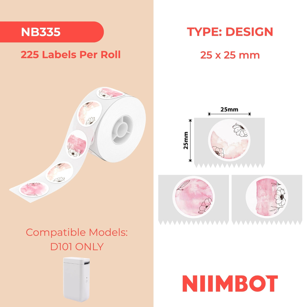 NIIMBOT - D101 Only - 25x25mm - Flower Pink Round - 225 Labels