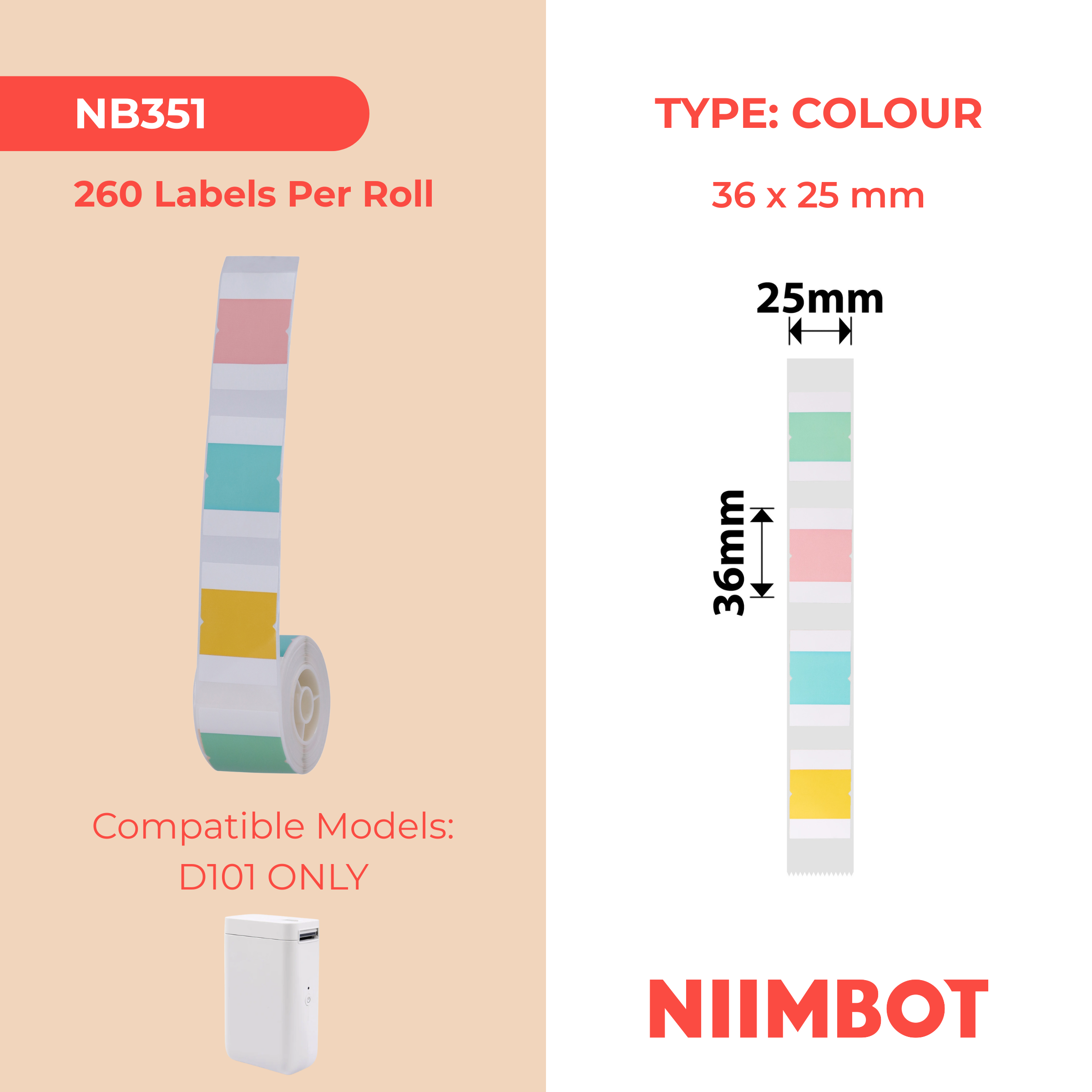 NB351 - NIIMBOT - D101 ONLY - 36X25MM - 260 SQUARE INDEX LABELS