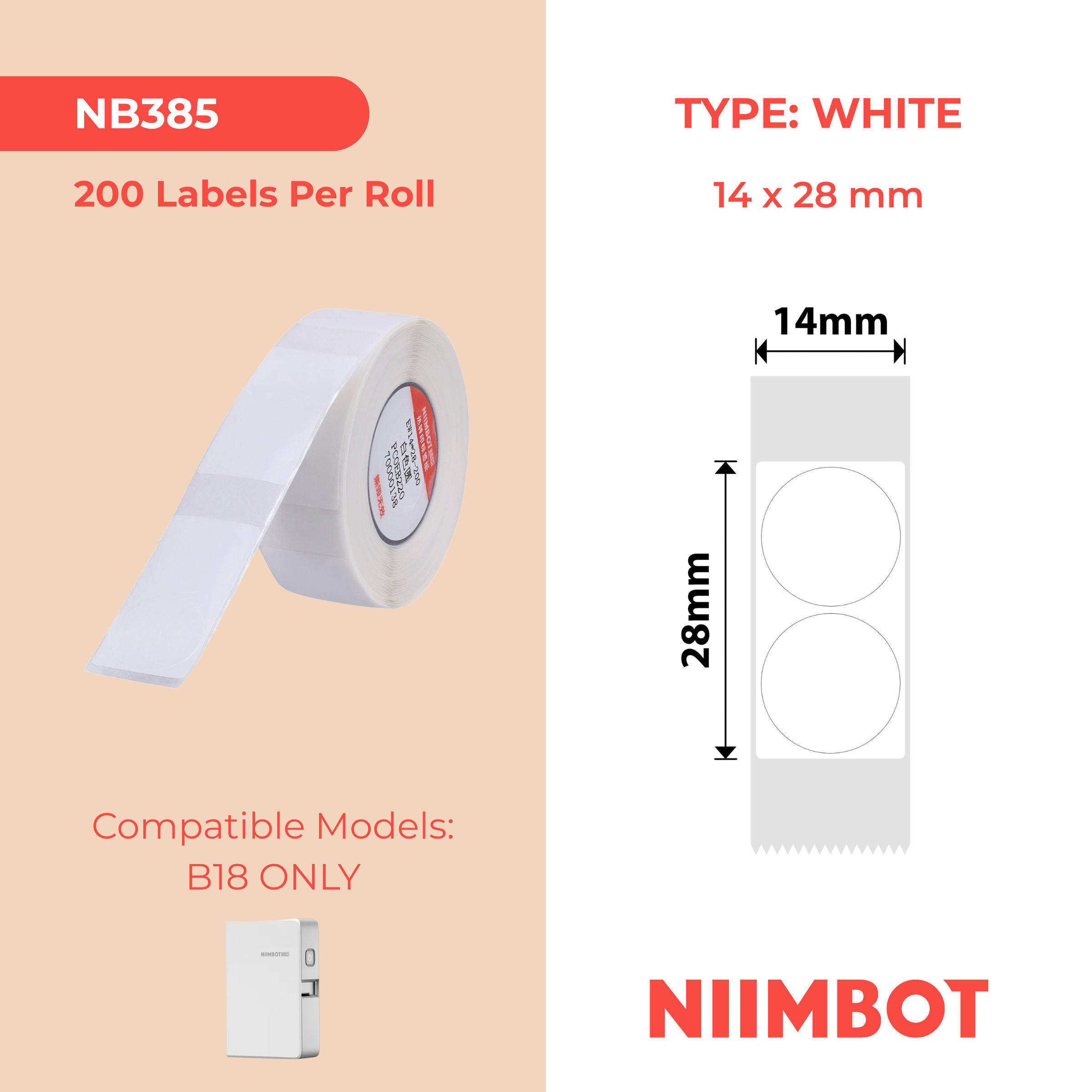NB385 - NIIMBOT - B18 / N1 - 14X28MM -200 WHITE ROUND LABELS