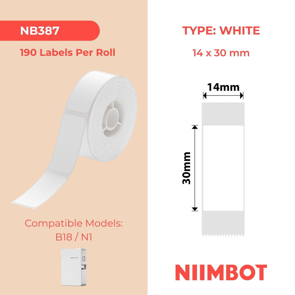 NIIMBOT - N1 - 14x30mm - White - 190 Labels