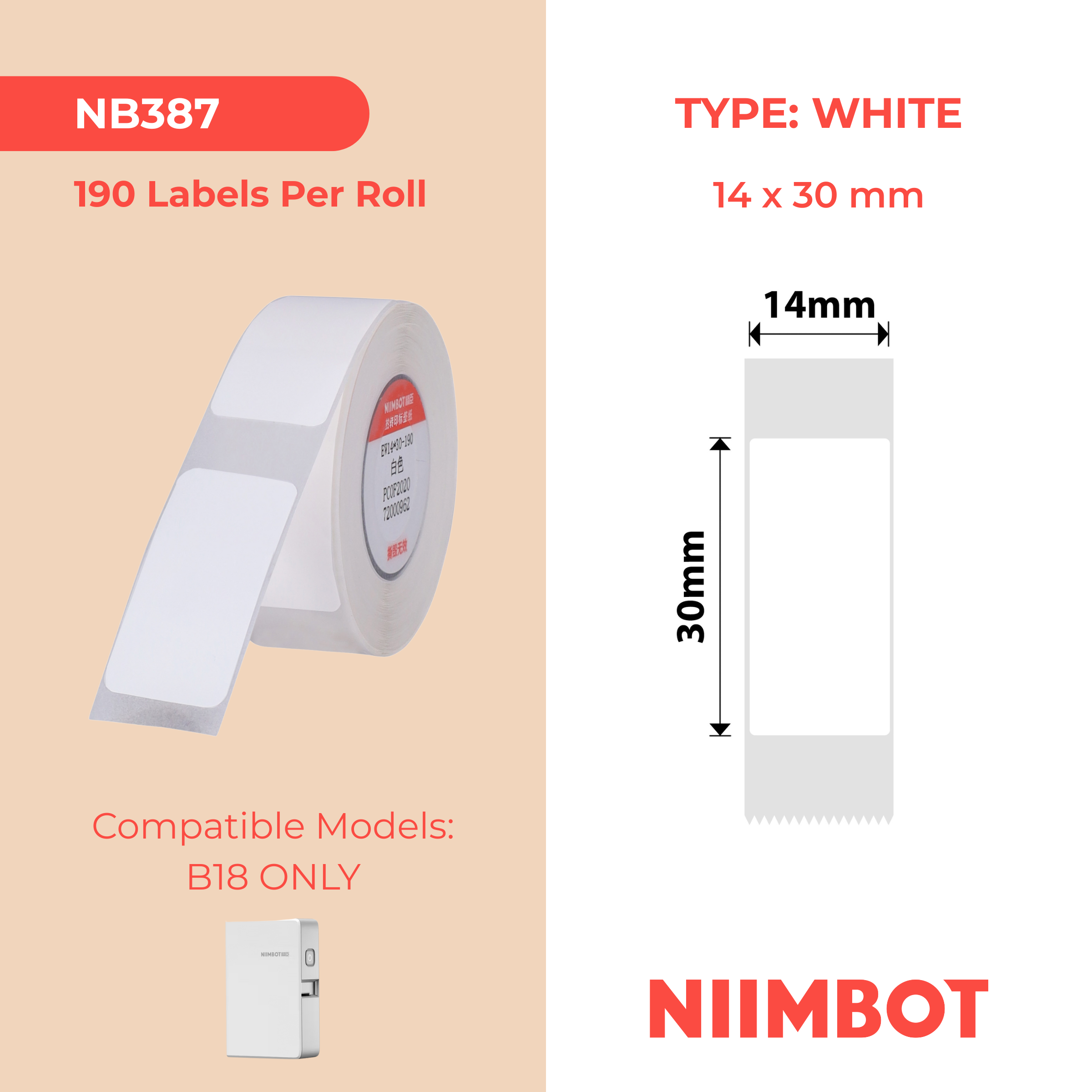 NB387 - NIIMBOT - B18 / N1 - 14X30MM - 190 WHITE LABELS