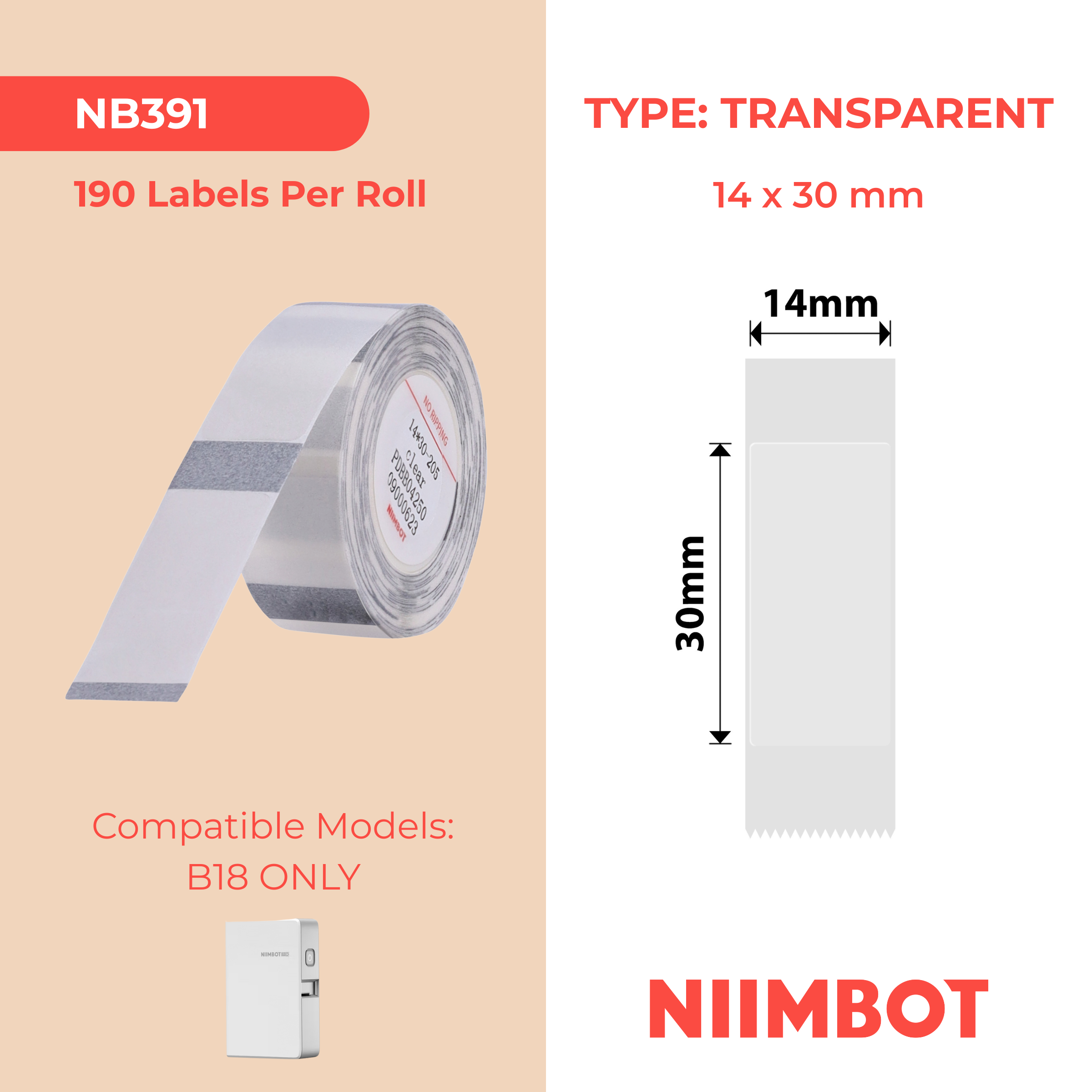 NB391 - NIIMBOT - B18 / N1 - 14X30MM - 190 TRANSPARENT LABELS