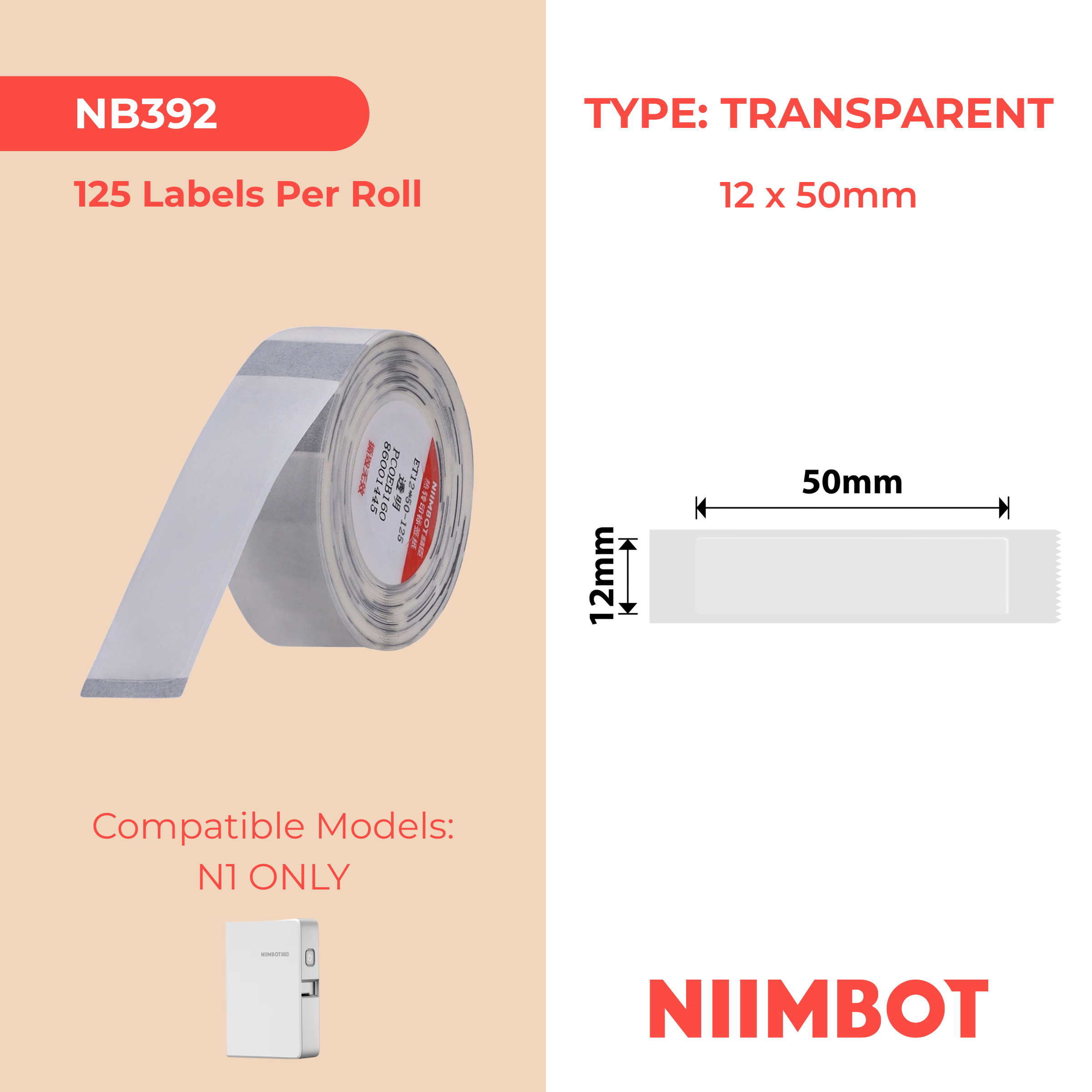 NB392 - NIIMBOT - B18 / N1 - 12X50MM - 125 TRANSPARENT LABELS