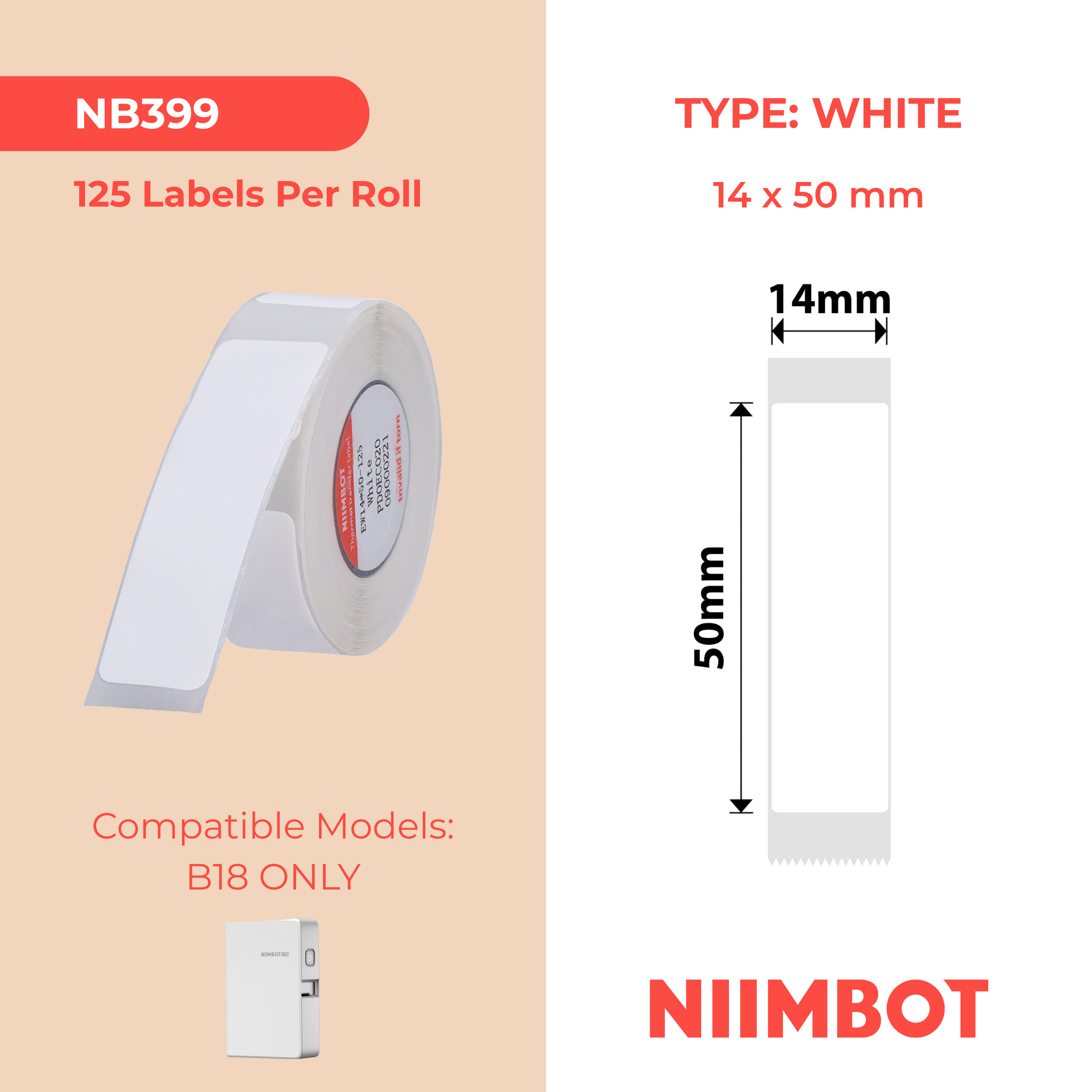 NB399 - NIIMBOT - B18 / N1 - 14X50MM - 125 WHITE LABELS