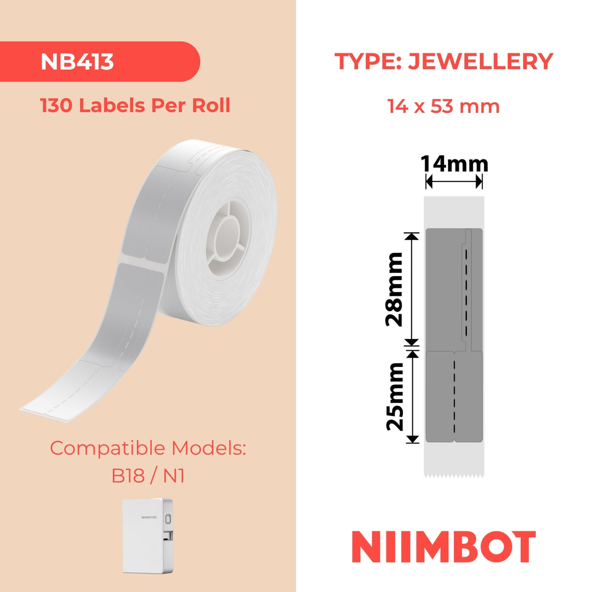 NIIMBOT - N1 - 14x53mm - Silver Jewellery - 130 Labels