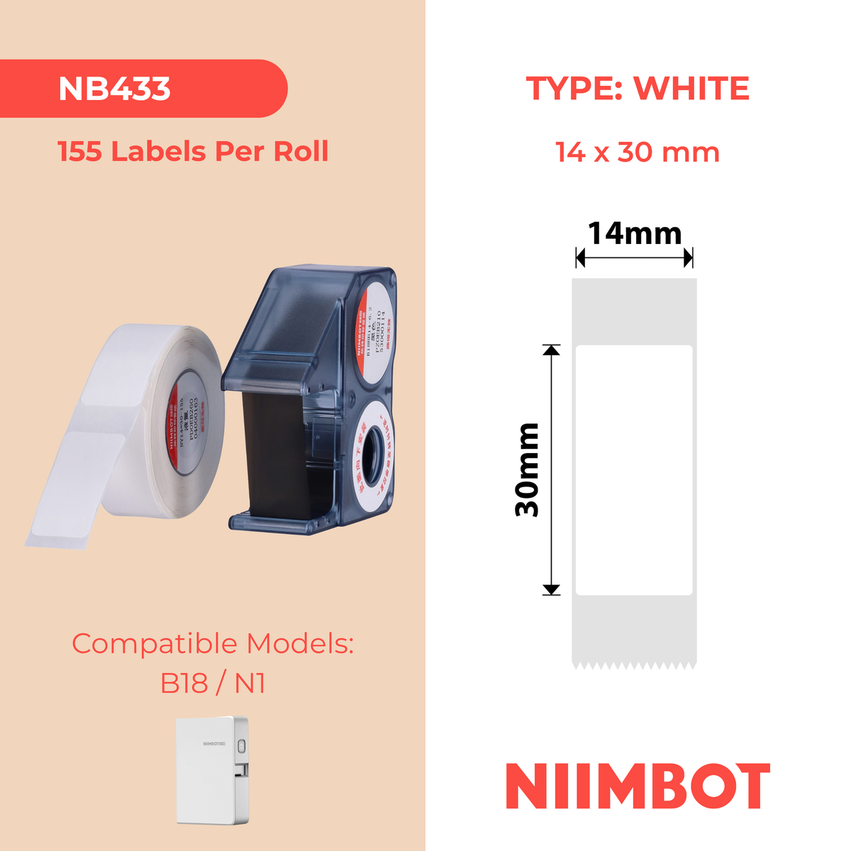 NIIMBOT - N1 - Set di 155 etichette per cartucce di azoto liquido bianco e nero, formato 14x30mm - 155