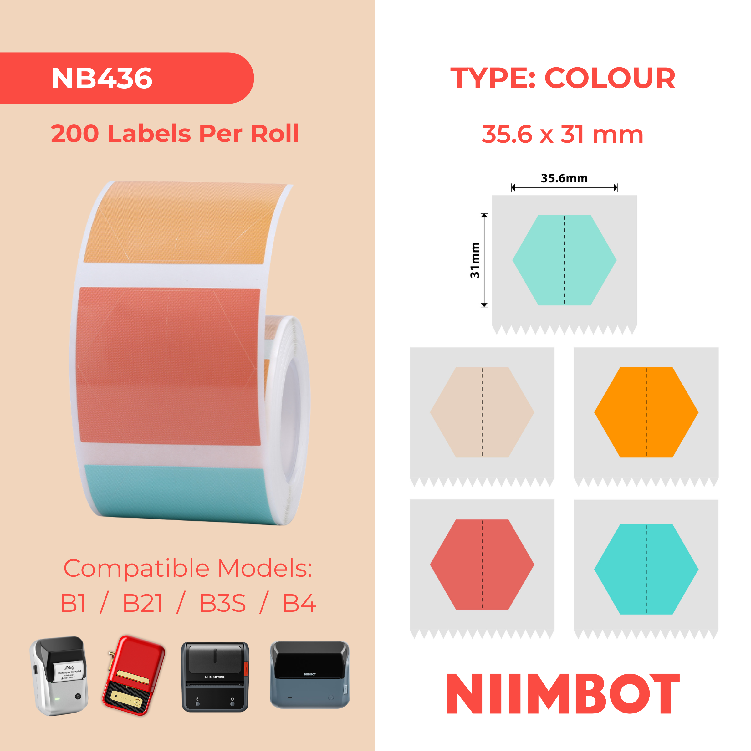 NB436 - NIIMBOT - B1 / B21 / B3S / B4 - 35.6X31MM - 220 MULTI-COLOUR HEXAGON LABELS