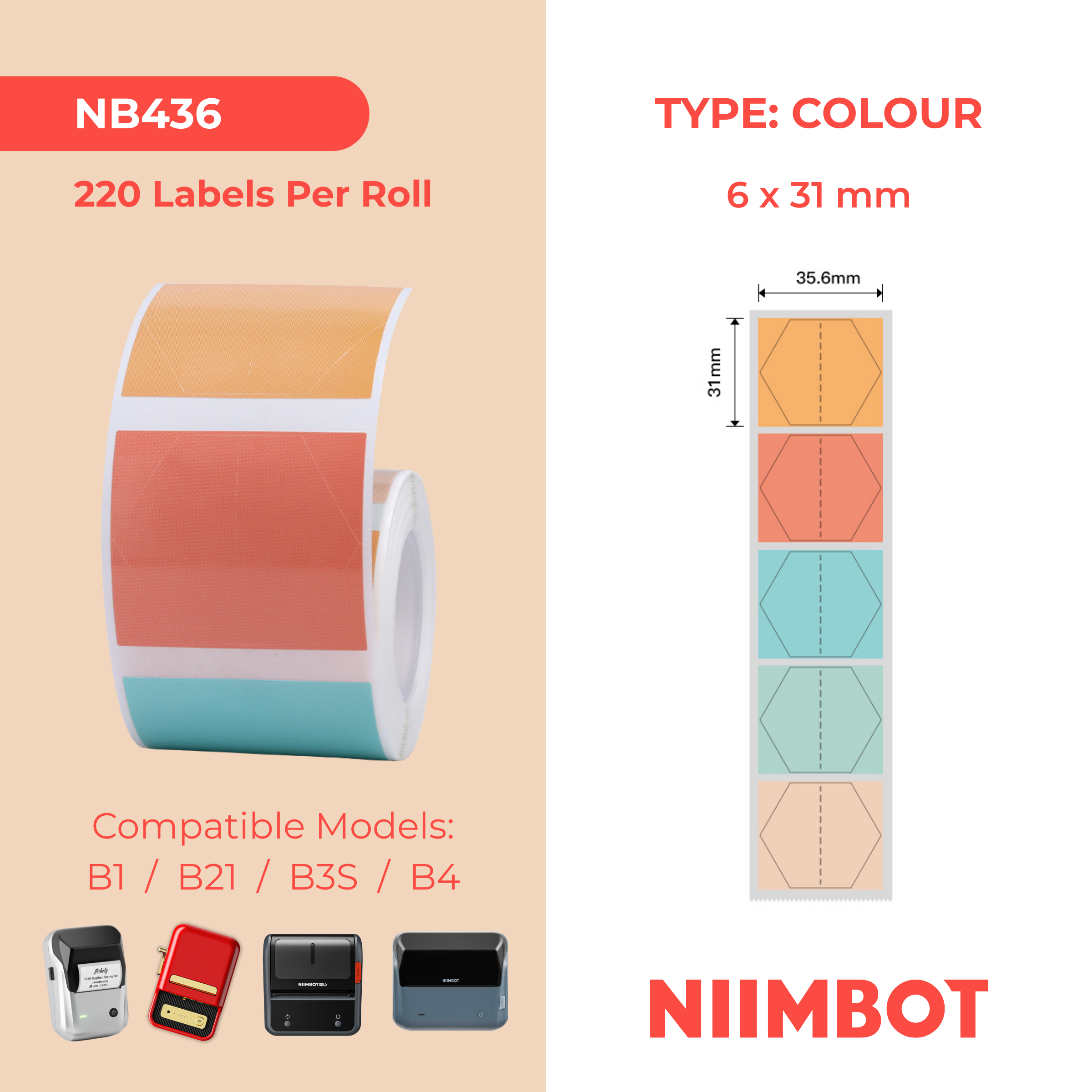 NB436 - NIIMBOT - B1 / B21 / B3S / B4 - 35.6X31MM - 220 MULTI-COLOUR HEXAGON LABELS