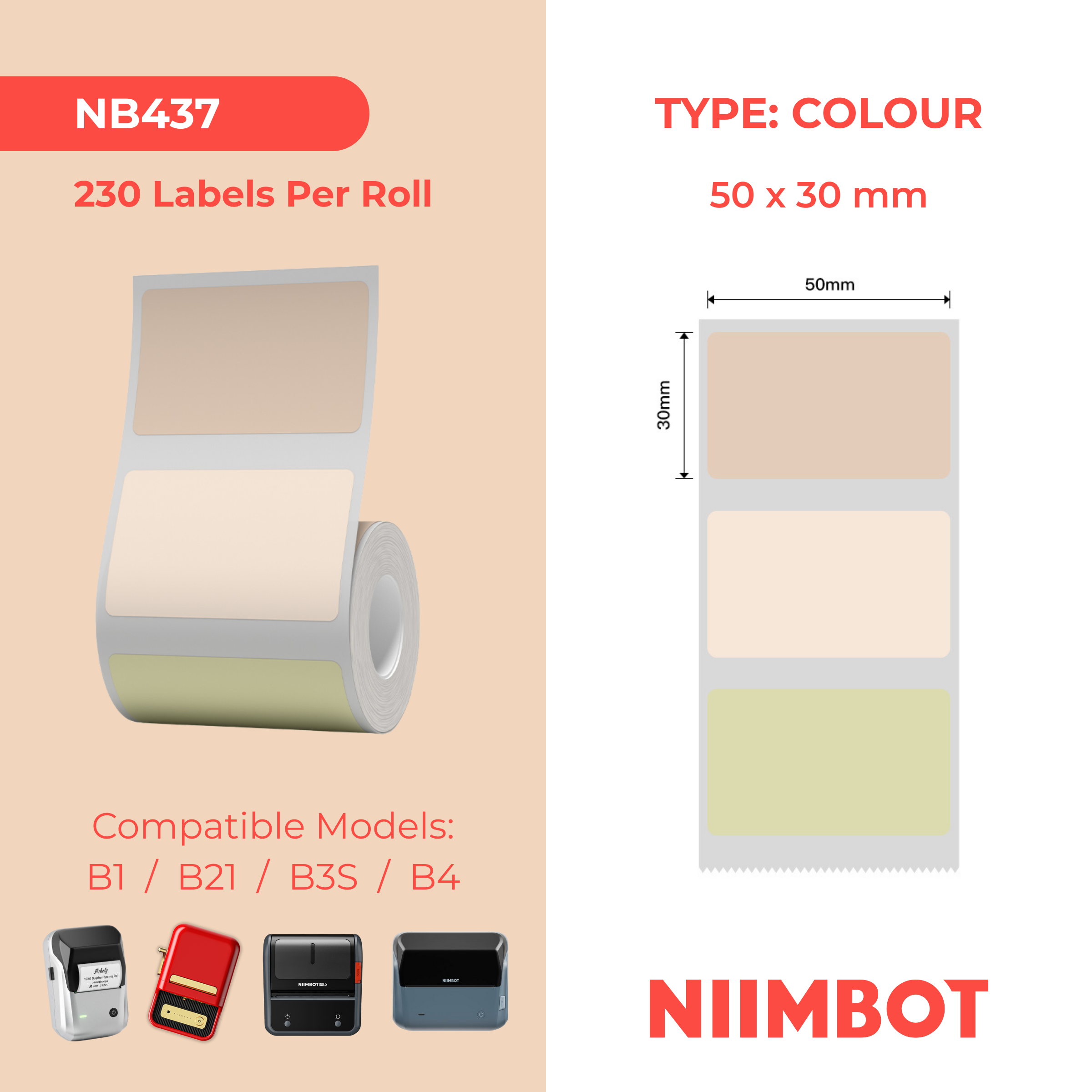 NB437 - NIIMBOT - B1 / B21 / B3S / B4 - 50X30MM - 230 MULTI-COLOUR LABELS