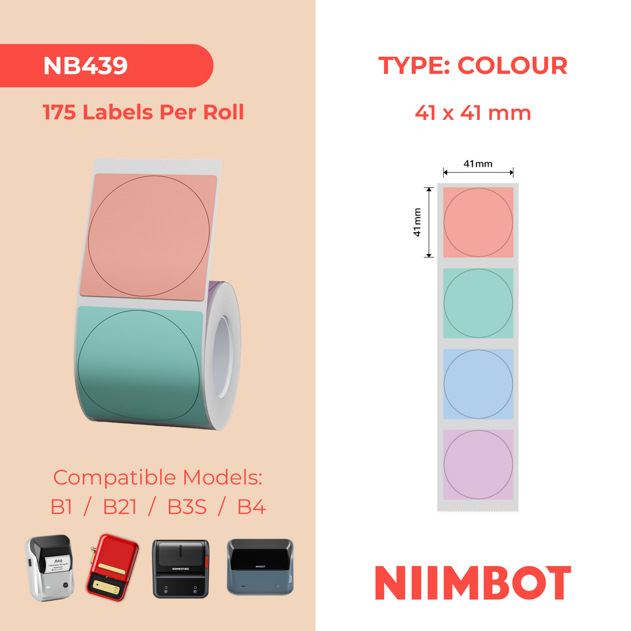 NB439 - NIIMBOT - B1 / B21 / B3S / B4 - 41X41MM - 175 MULITI-COLOUR ROUND LABELS