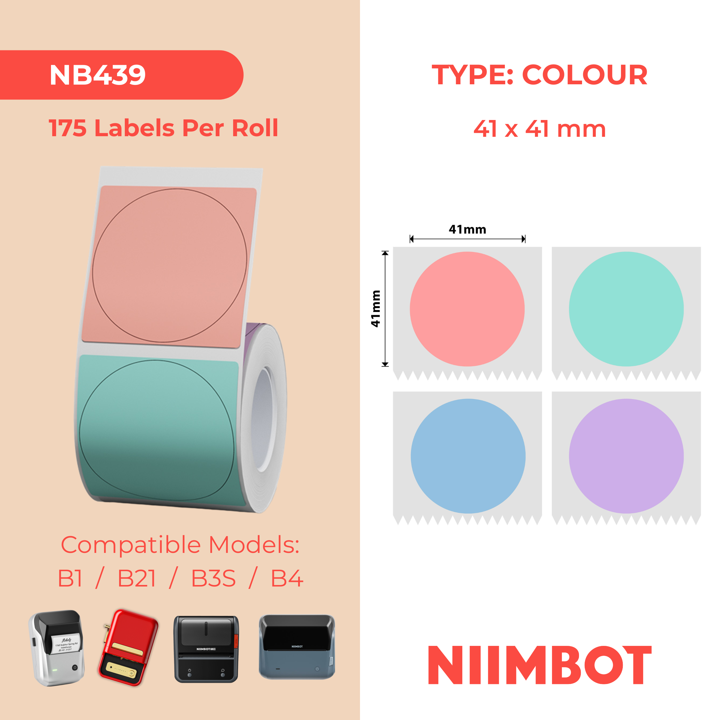 NB439 - NIIMBOT - B1 / B21 / B3S / B4 - 41X41MM - 175 MULITI-COLOUR ROUND LABELS