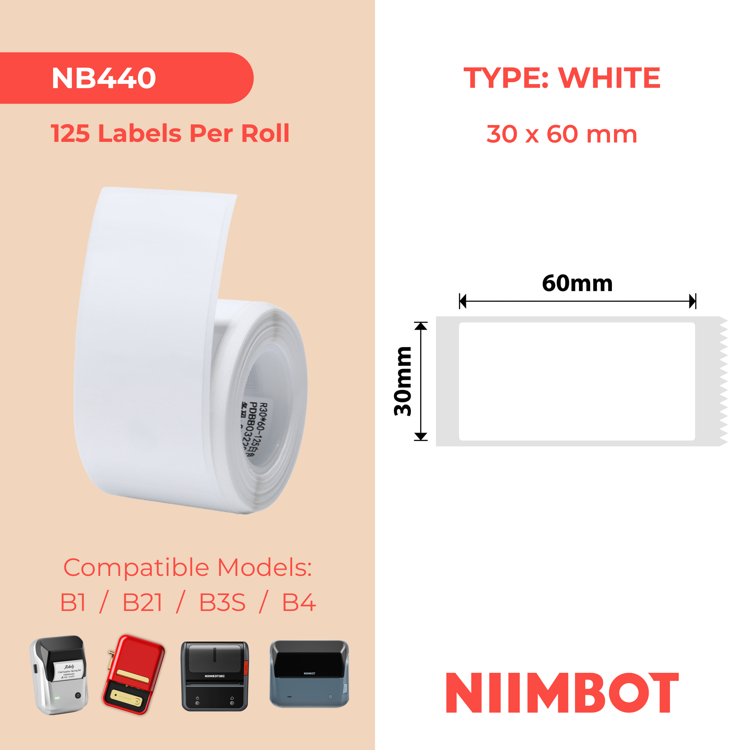 NB440 - NIIMBOT - B1 / B21 / B3S / B4 - 30X60MM - 125 WHITE LABELS