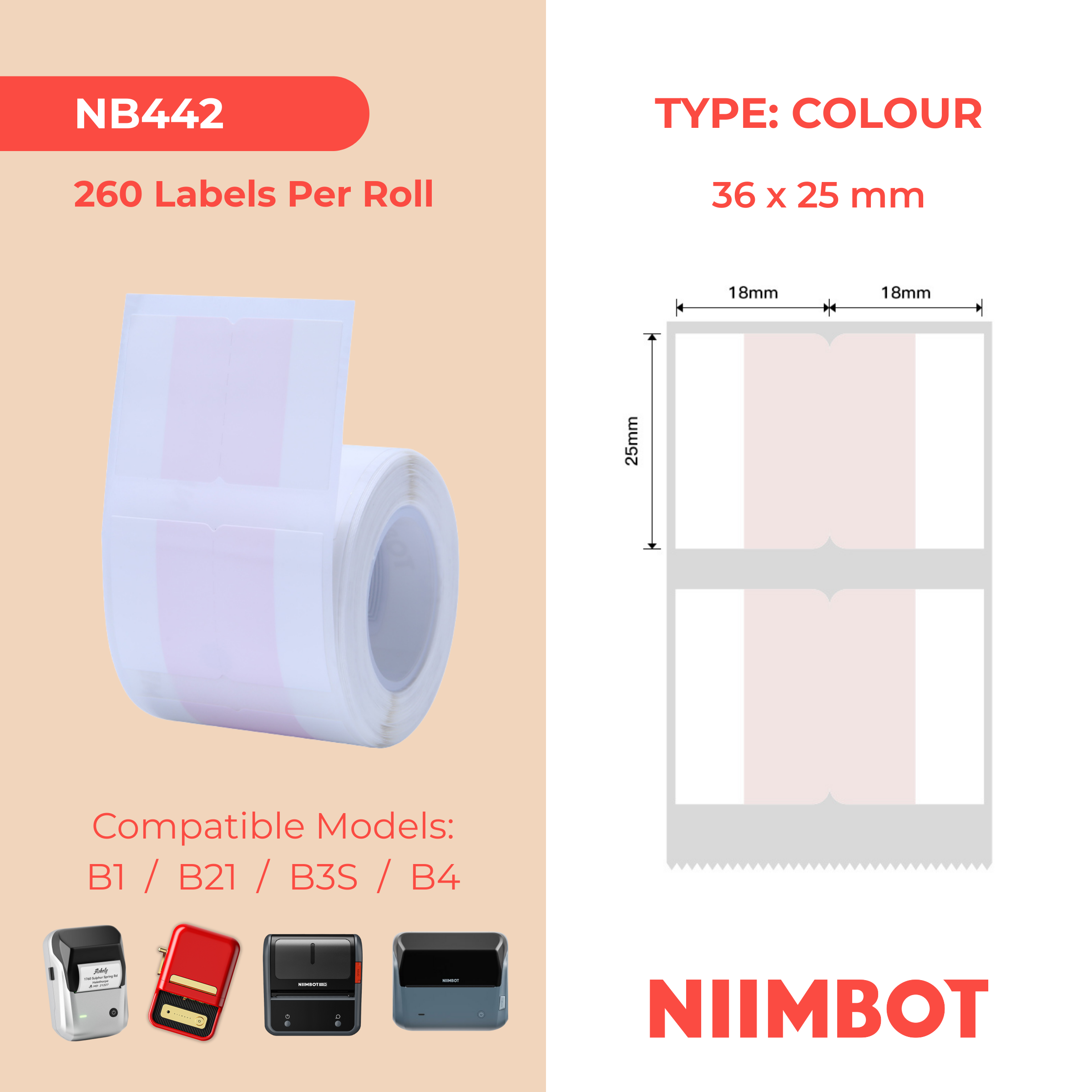 NB442 - NIIMBOT - B1 / B21 / B3S / B4 - 36X25MM - 260 PINK INDEX STICKER LABELS