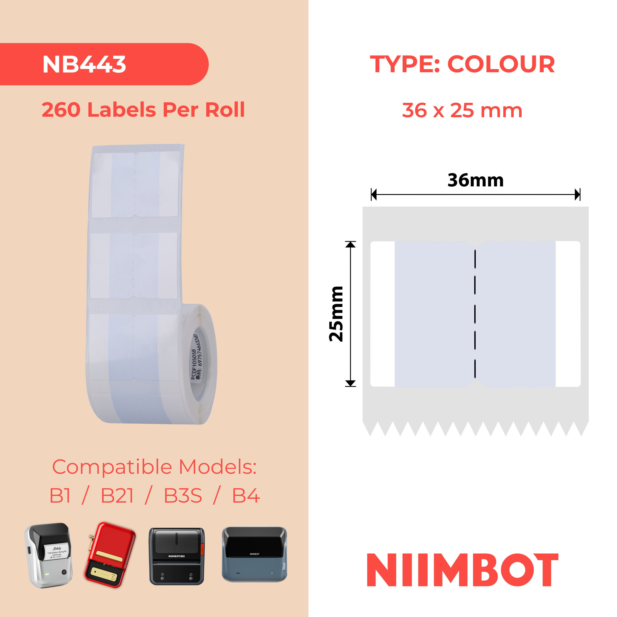 NB443 - NIIMBOT - B1 / B21 / B3S / B4 - 36X25MM - 260 GREY INDEX STICKER LABELS