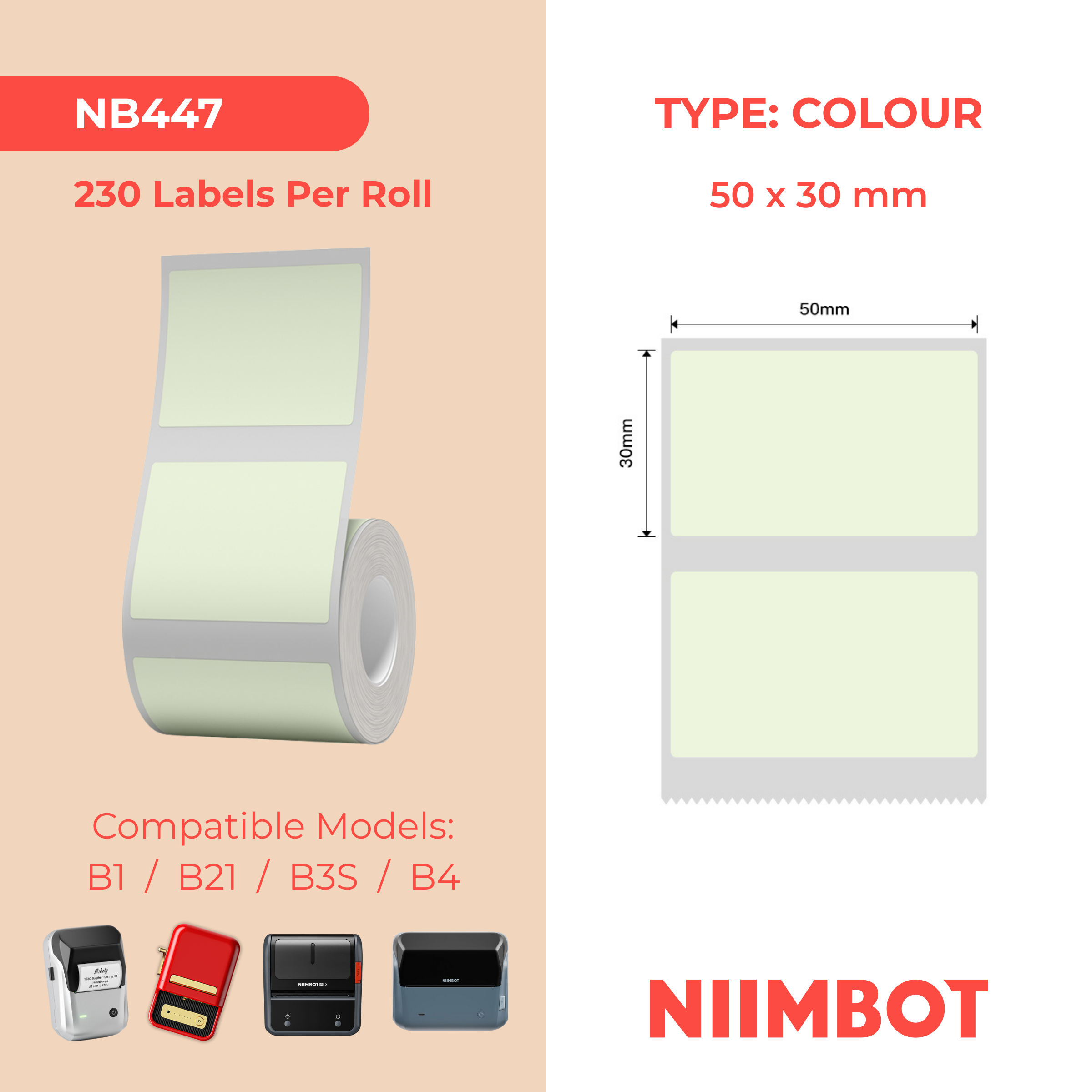 NB447 - NIIMBOT - B1 / B21 / B3S / B4 - 50X30MM - 230 GREEN LABELS