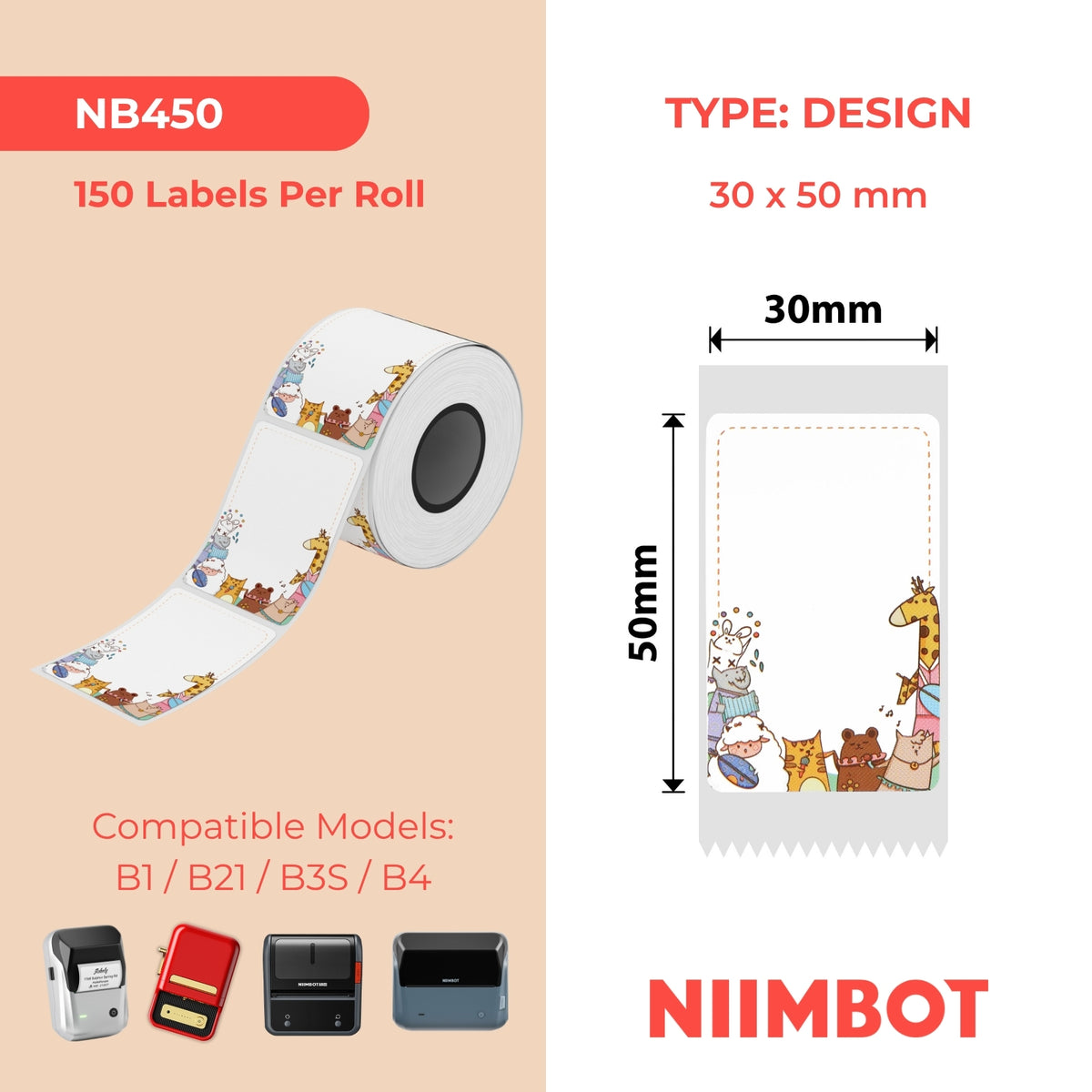 NIIMBOT - Serie B - 30x50mm - Animali divertenti - 150 etichette