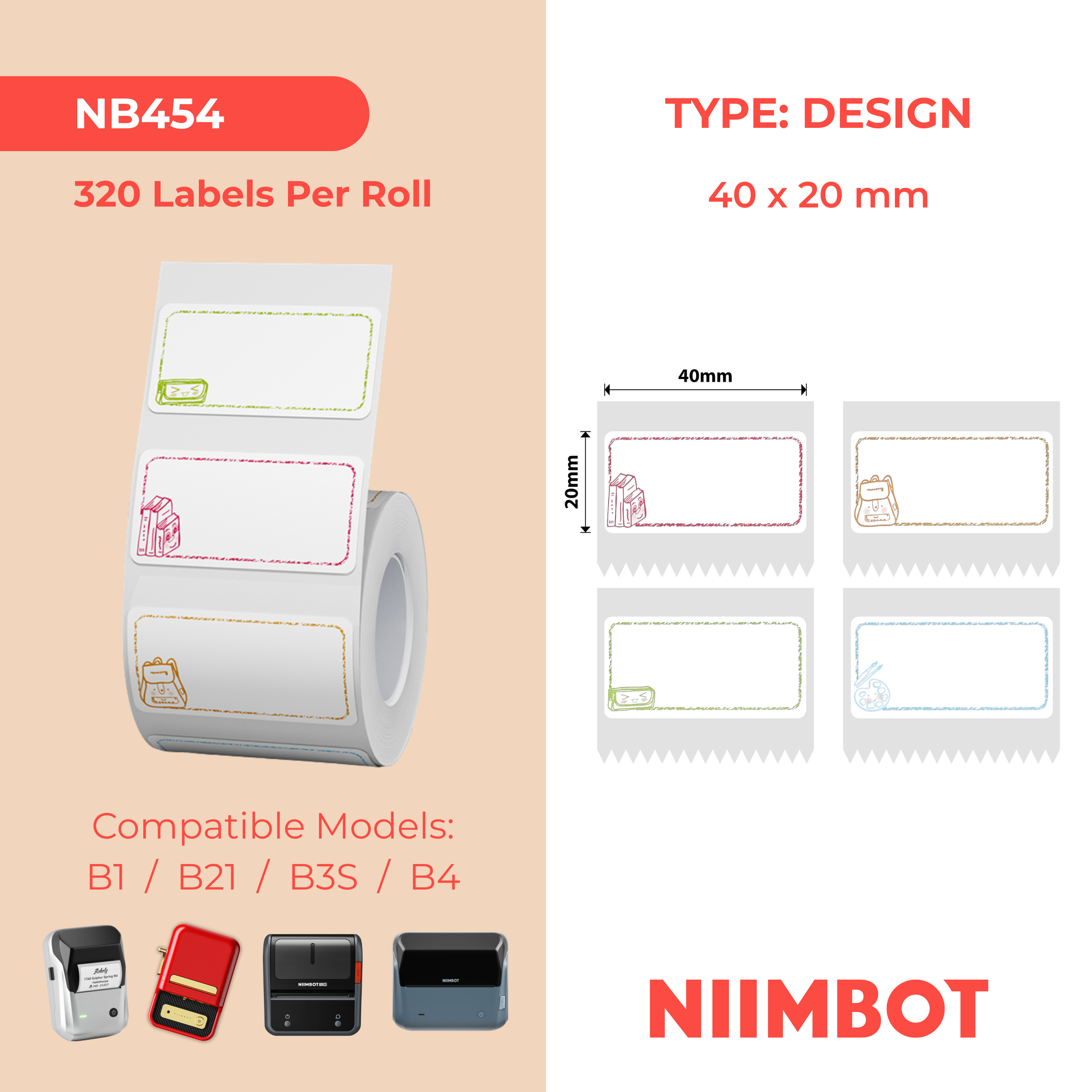 NB454 - NIIMBOT - B1 / B21 / B3S / B4 - 40X20MM - 320 STUDY BUDDY MULTI - COLOUR LABELS