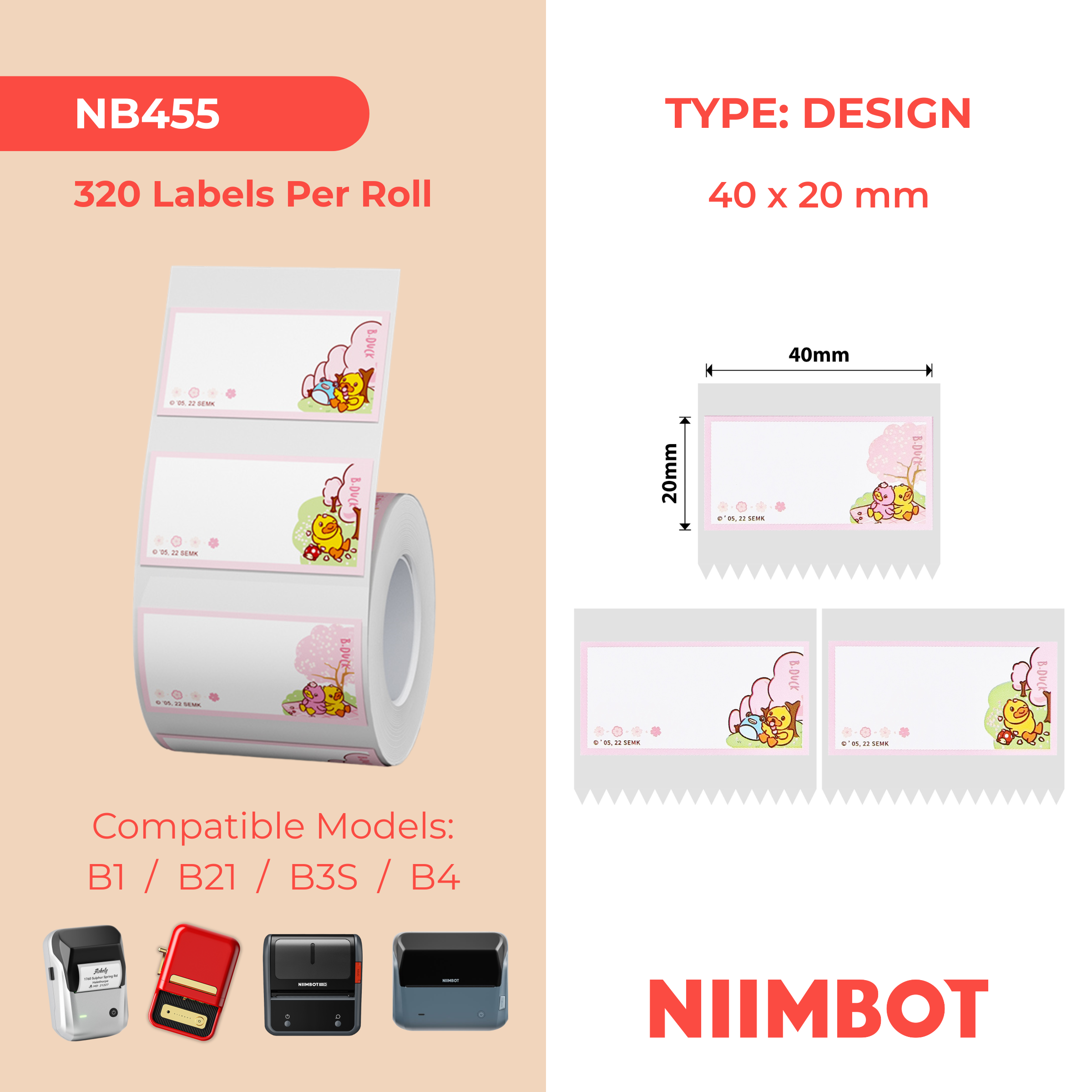 NB455 - NIIMBOT - B1 / B21 / B3S / B4 - 40X20MM - 320 DUCK & CHERRY BLOSSOM LABELS