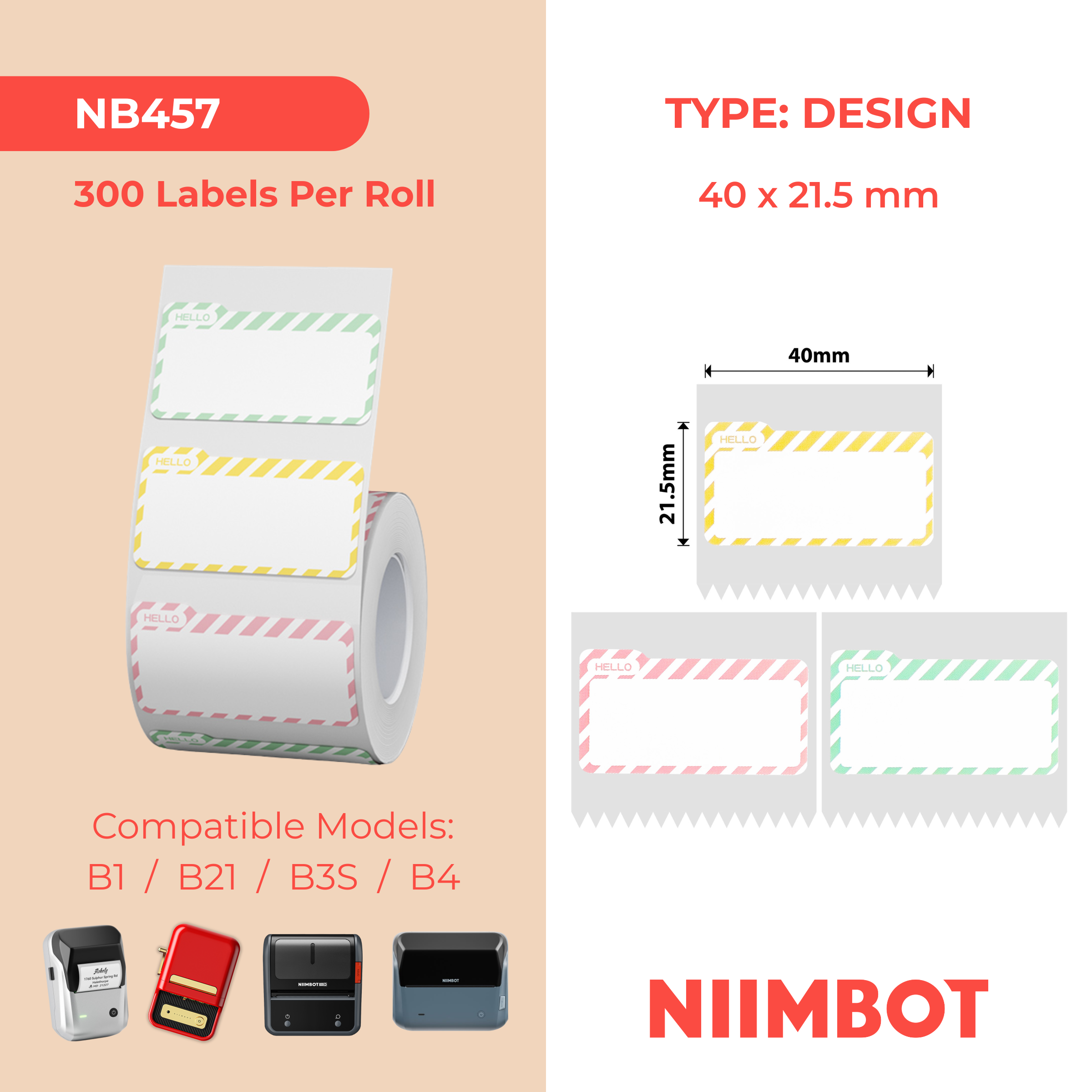 NB457 - NIIMBOT - B1 / B21 / B3S / B4 - 40X21.5MM - 300 HELLO NAME TAG MULTI - COLOUR LABELS