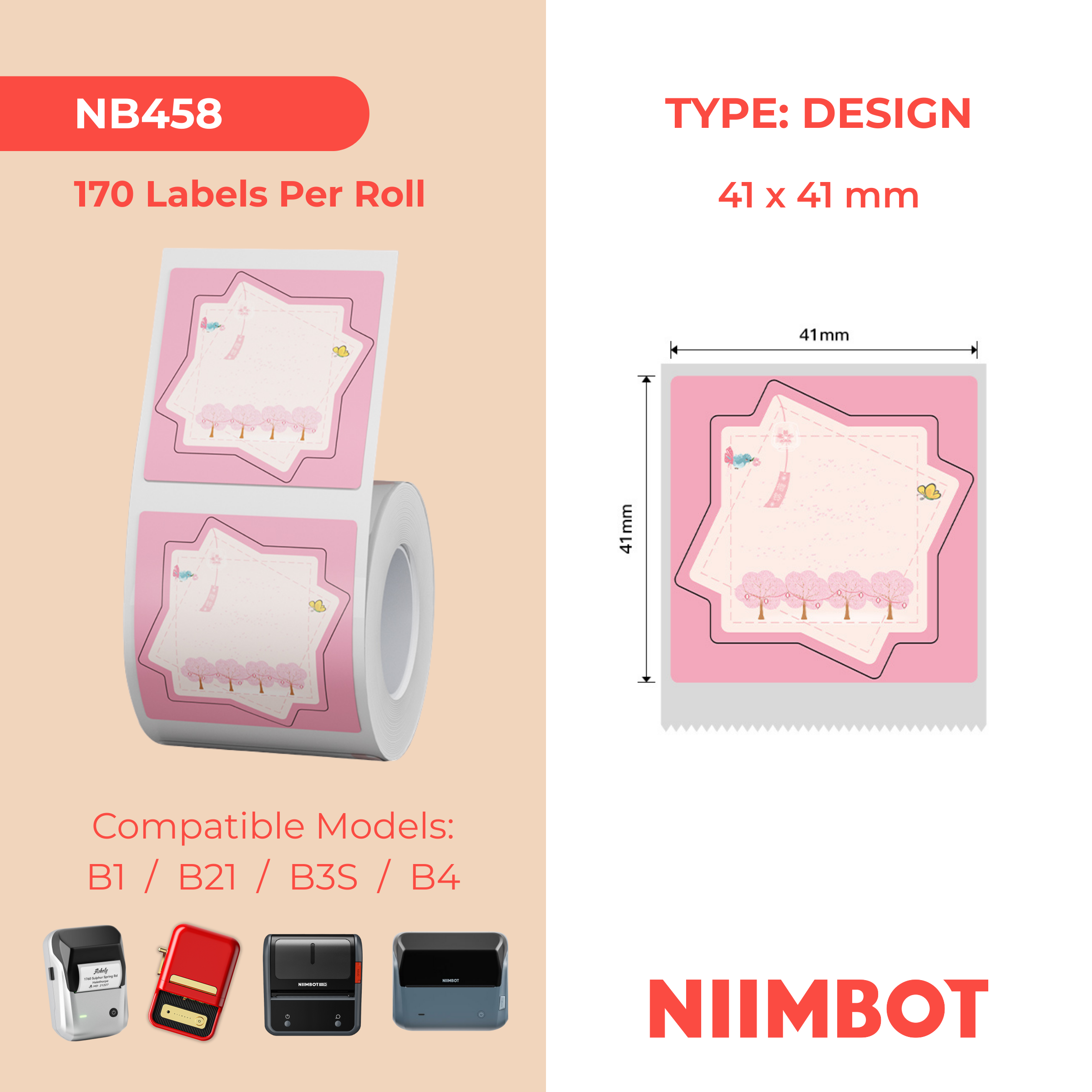 NB458 - NIIMBOT - B1 / B21 / B3S / B4 - 41X41MM - 170 CHERRY BLOSSOM LABELS