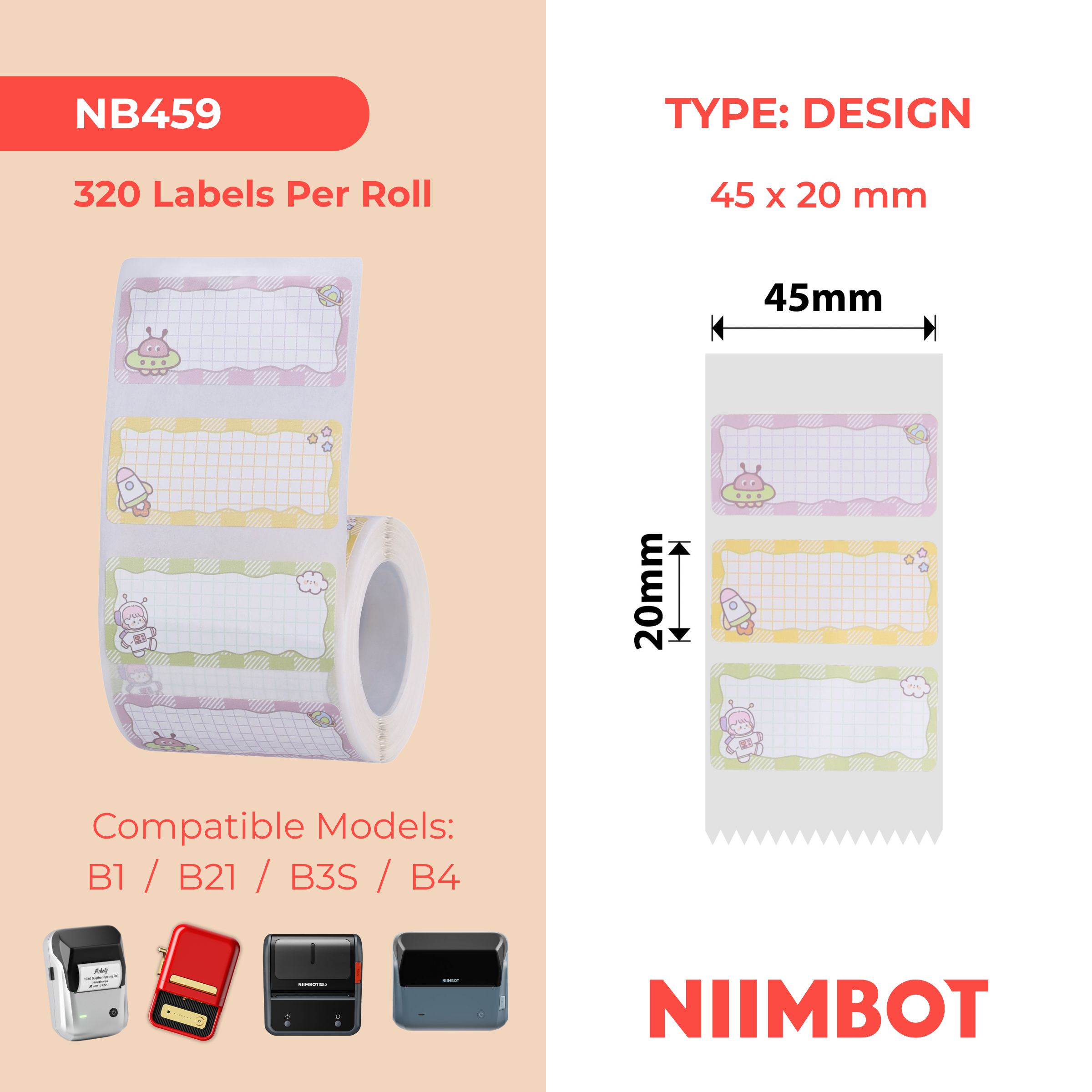NB459 - NIIMBOT - B1 / B21 / B3S / B4 - 45X20MM - 320 SPACE SQUAD LABELS