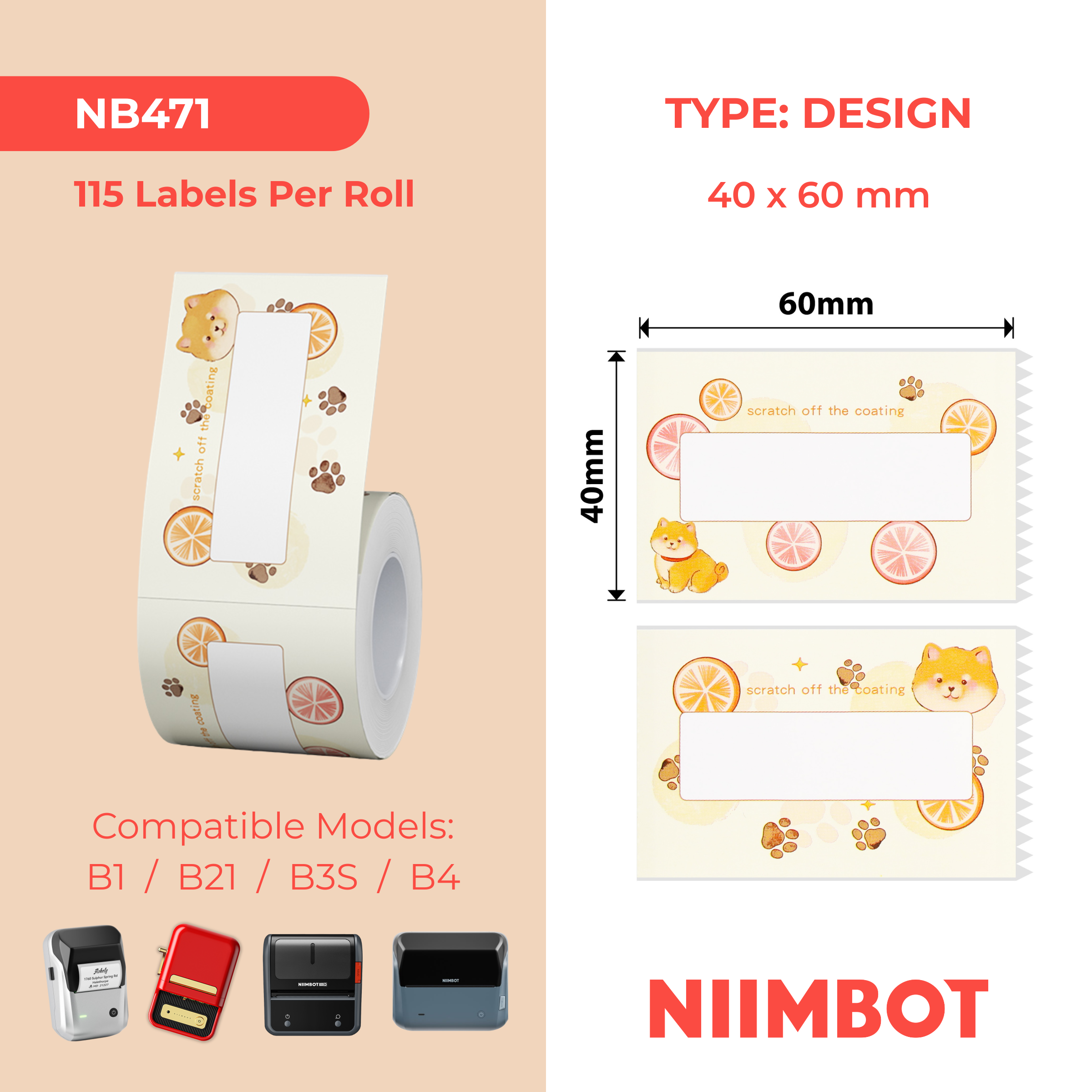 NB471 - NIIMBOT - B1 / B21 / B3S / B4 - 40X60MM - 115 YELLOW LEMON LABELS