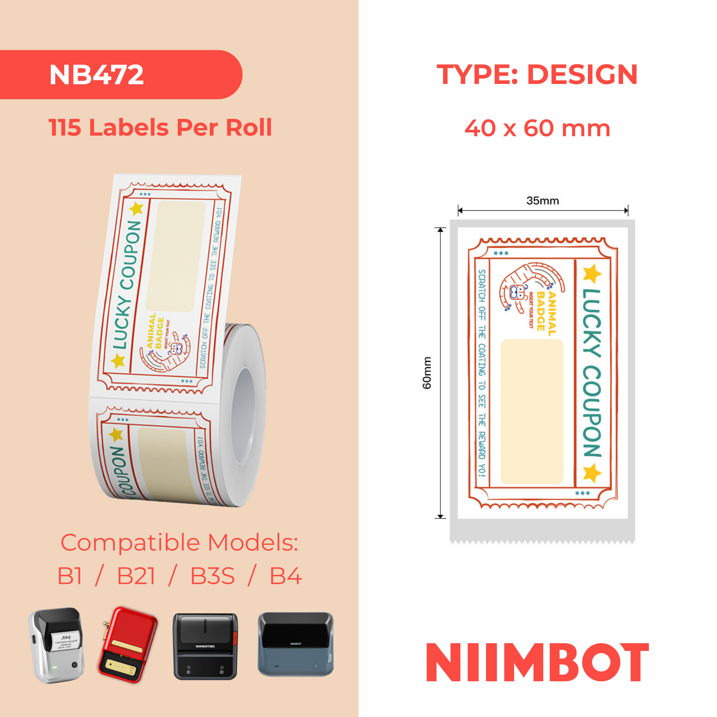 NB472 - NIIMBOT - B1 / B21 / B3S / B4 - 35X60MM - 115 LUCKY TIGER LABELS