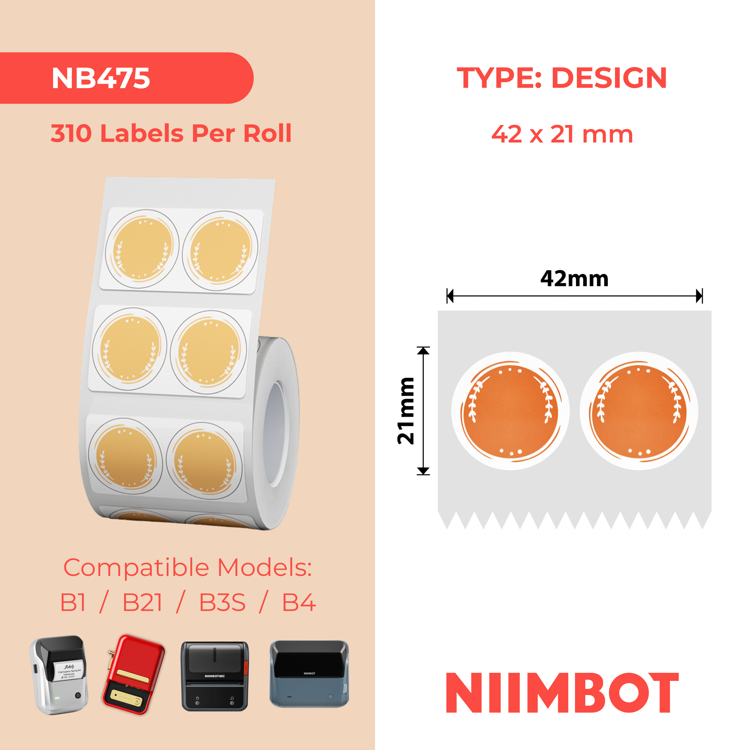 NB475 - NIIMBOT - B1 / B21 / B3S / B4 - 42X21MM - 310 ORANGE ROUND LABELS