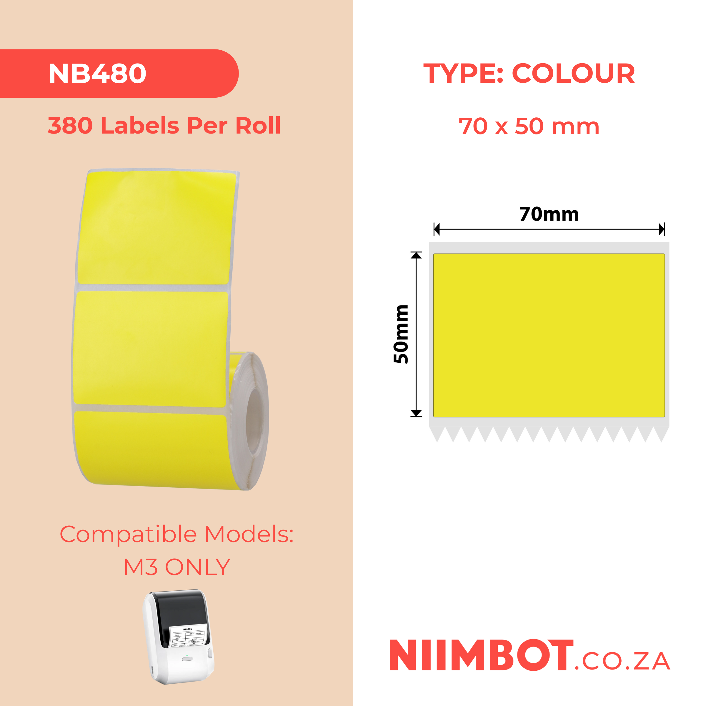 NB480 - NIIMBOT - M3 ONLY - 70X50MM - 380 YELLOW LABELS