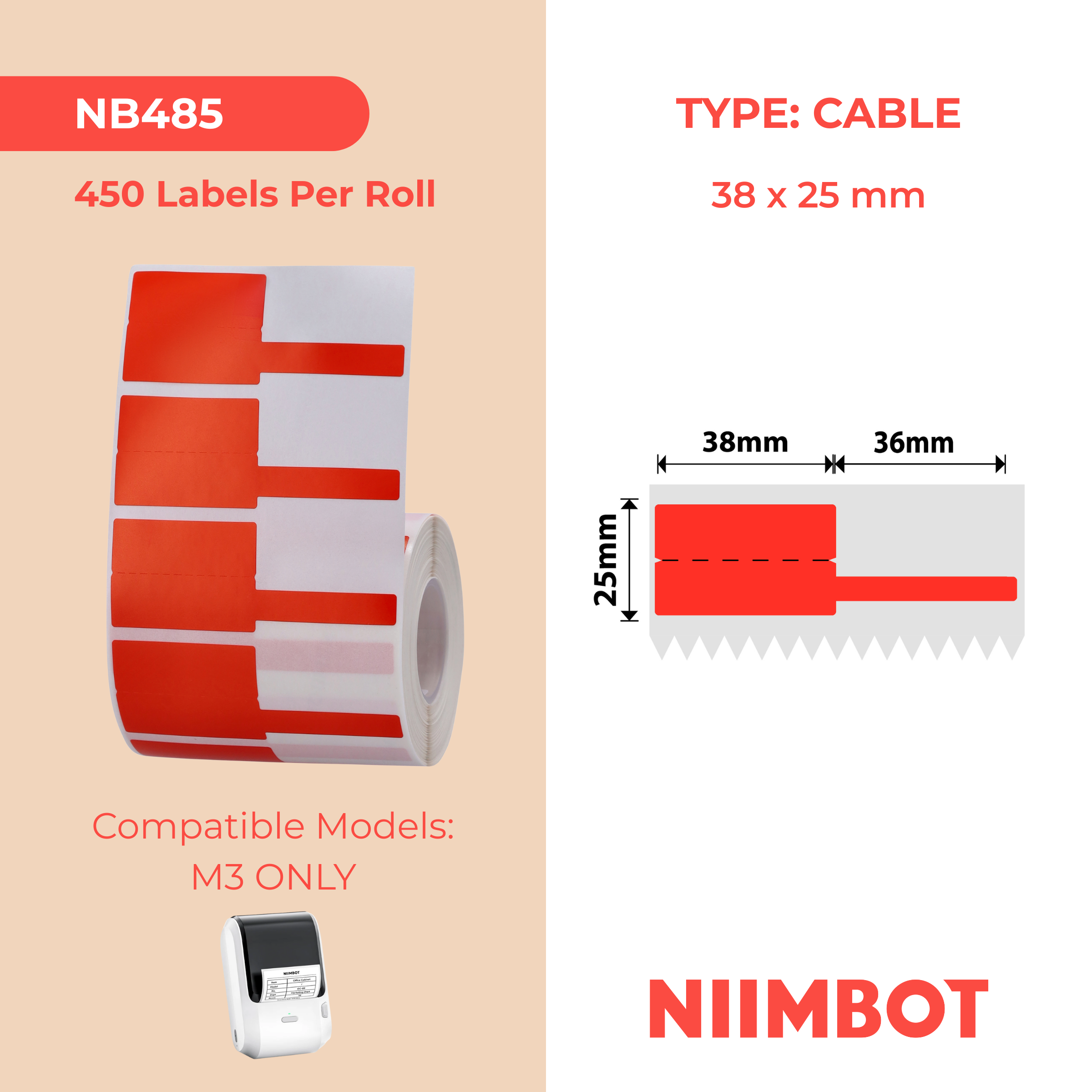NB485 - NIIMBOT - M3 ONLY - 38X25+36MM - 450 RED CABLE LABELS