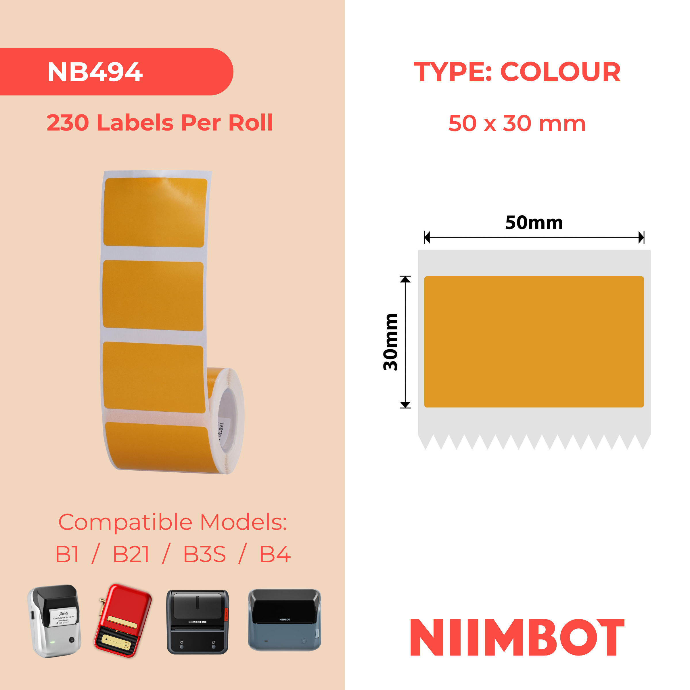 NB494 - NIIMBOT - B1 / B21 / B3S / B4 - 50X30MM - 230 ORANGE FREEZER LABELS