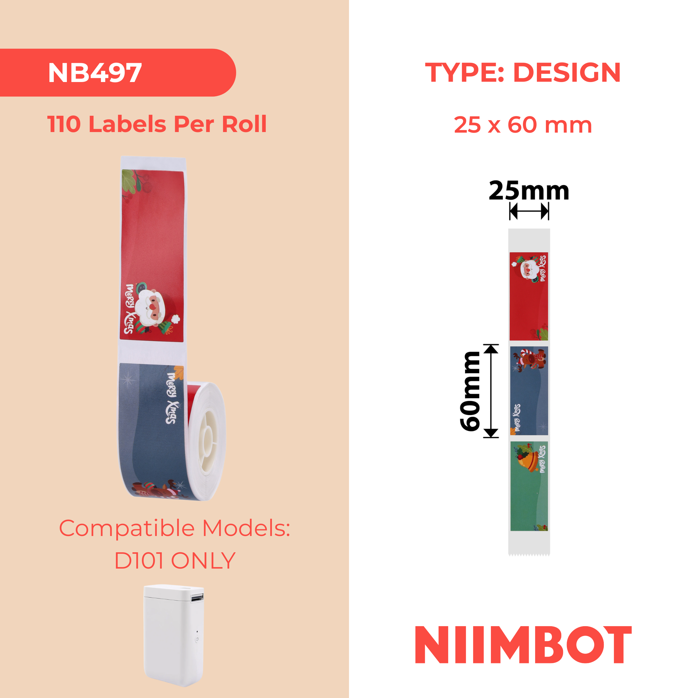 NB497 - NIIMBOT - D101 ONLY - 25X60MM - 110 CHRISTMAS LABELS