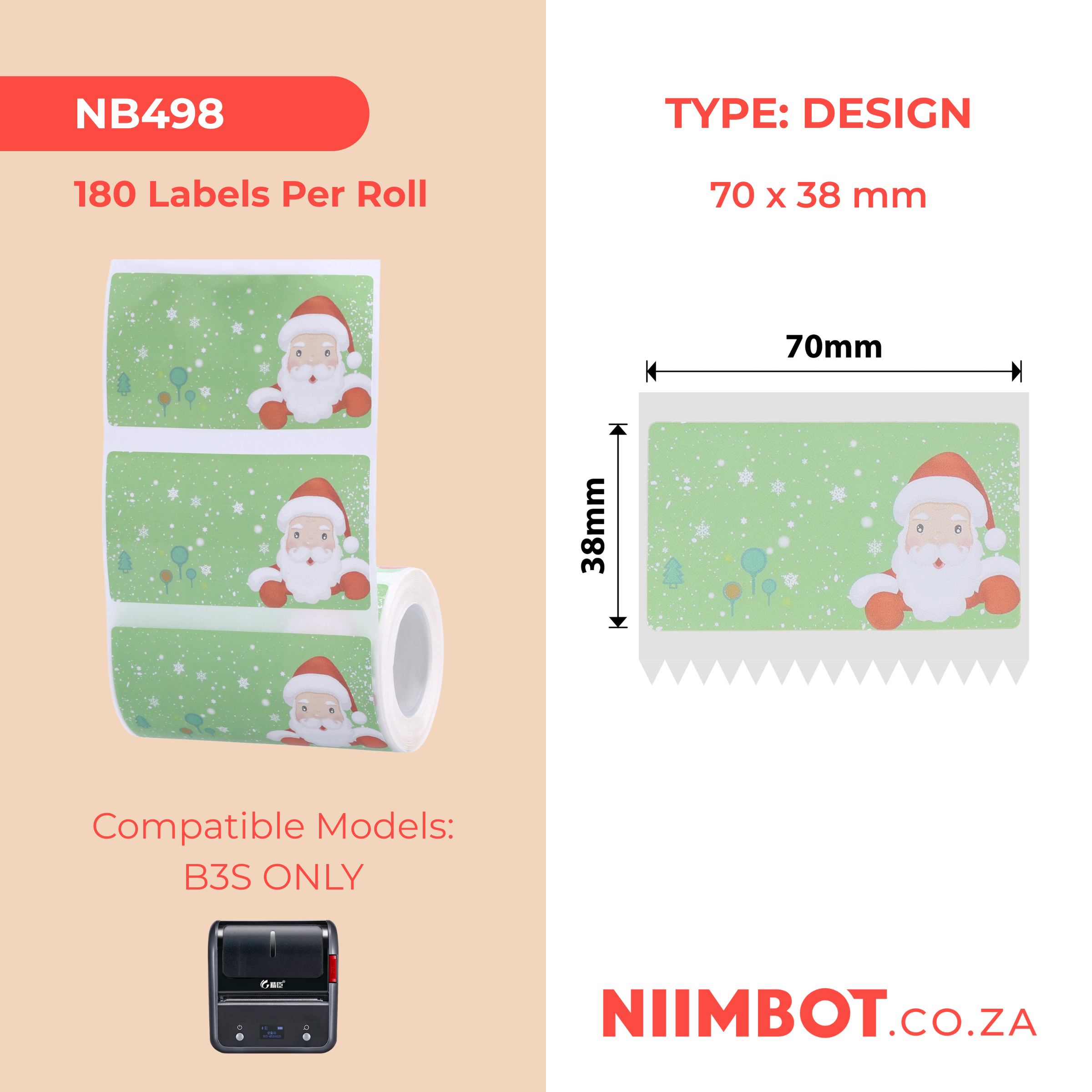 NB498 - NIIMBOT - B3S / B4 ONLY - 70X38MM - 180 CHRISTMAS LABELS
