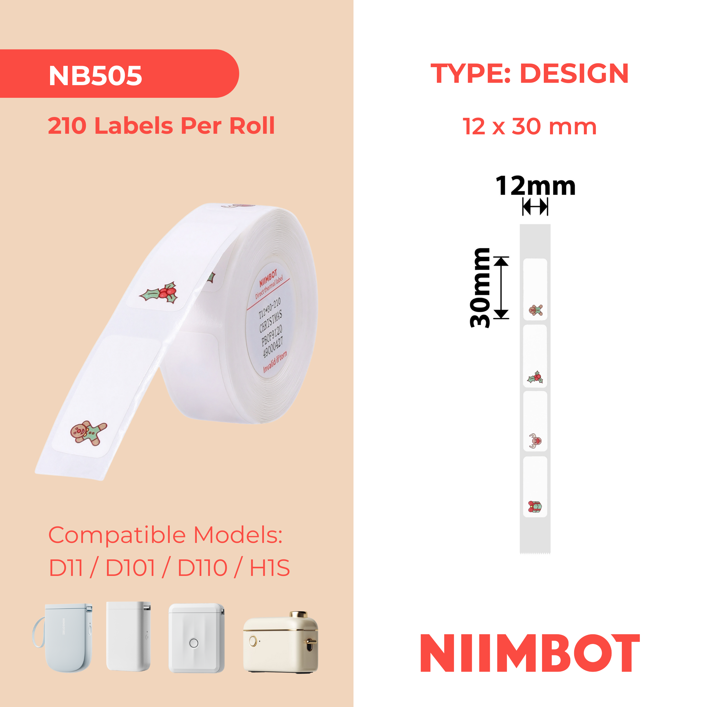 NB505 - NIIMBOT - D11 / D101 / D110 / H1S - 12X30MM - 210 CHRISTMAS LABELS
