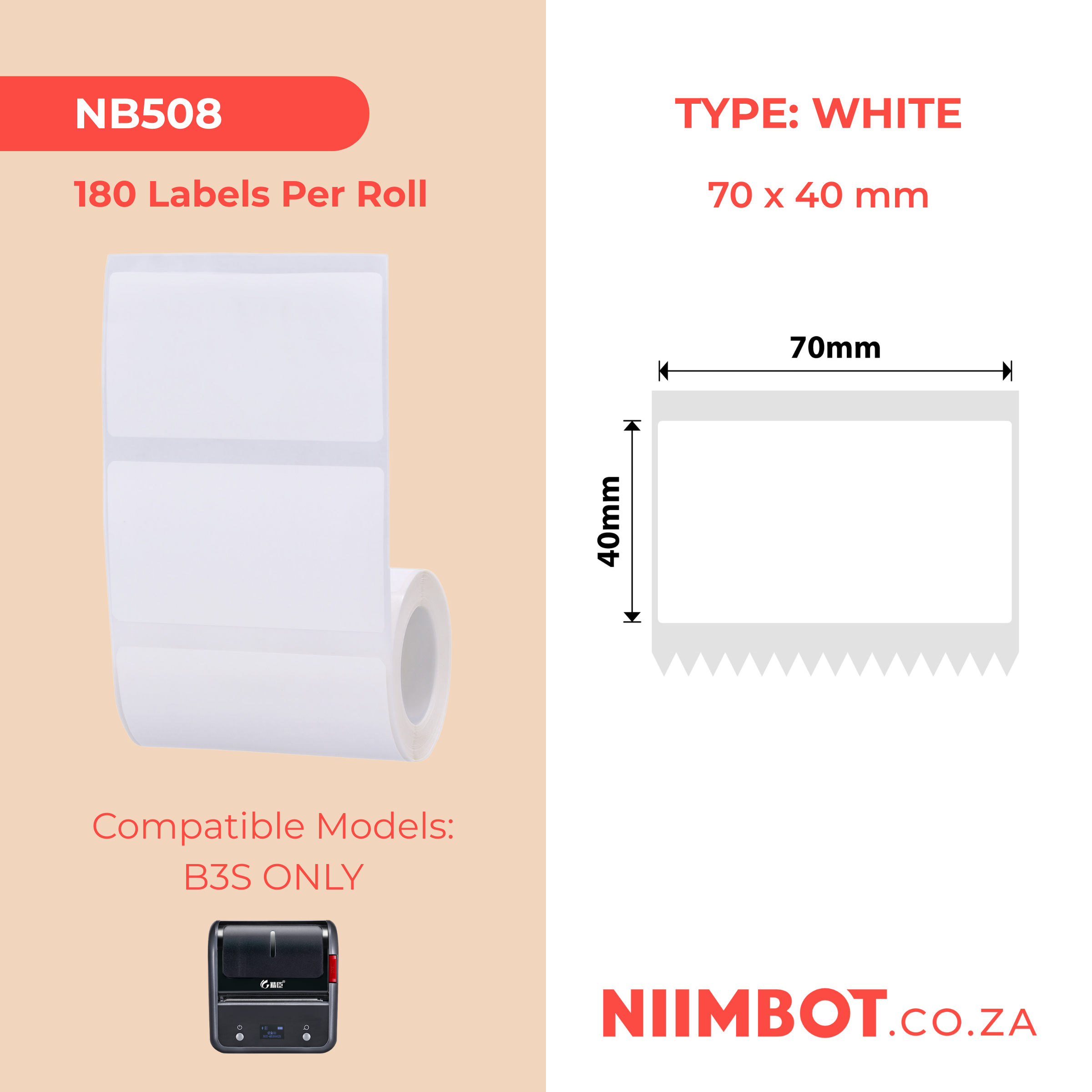 NB508 - NIIMBOT - B3S / B4 ONLY - 70X40MM - 180 WHITE LABELS