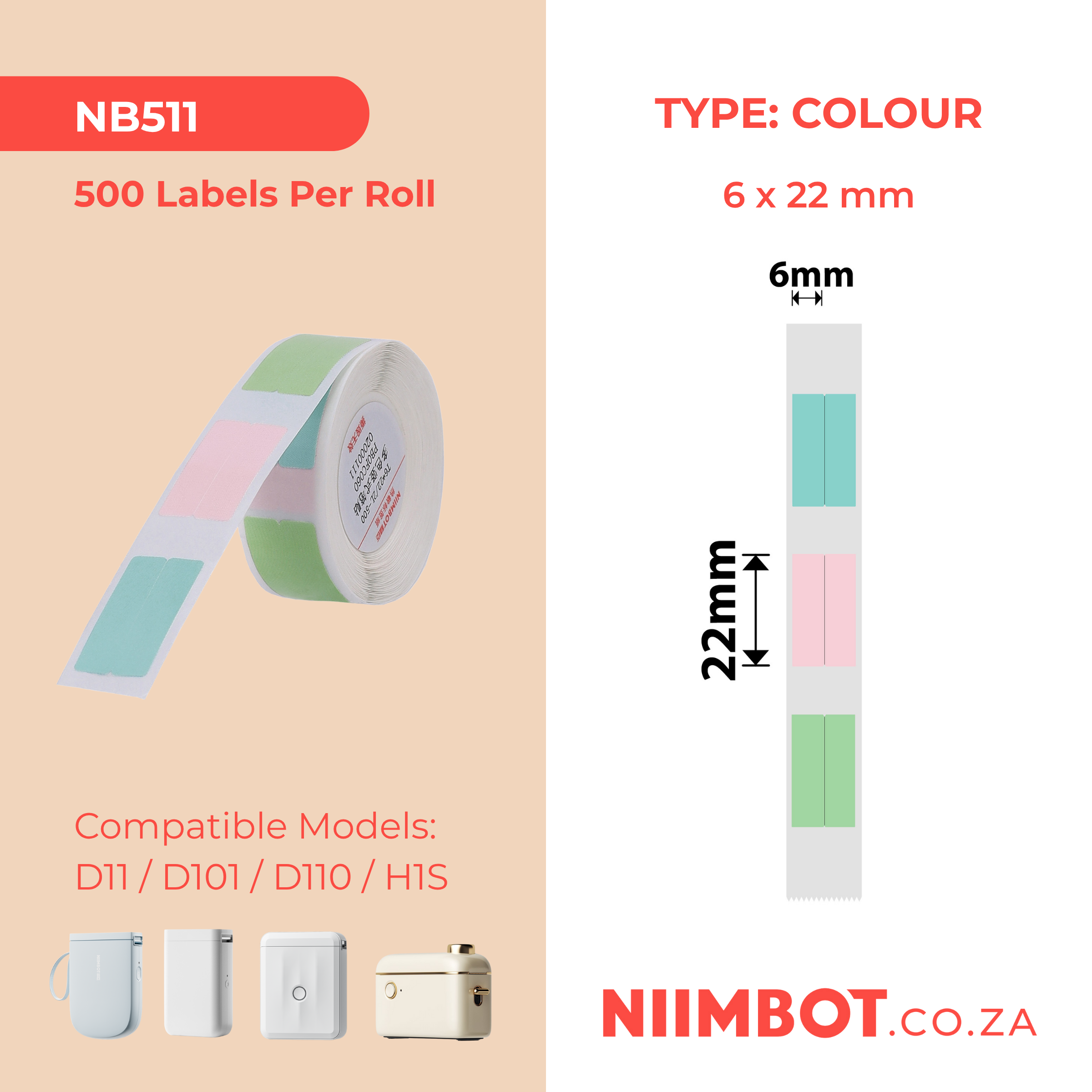 NB511 - NIIMBOT - D11 / D101 / D110 / H1S - 6X22MM/2L - 500 MULTI-COLOUR VERTICAL PEN - STATIONARY LABELS