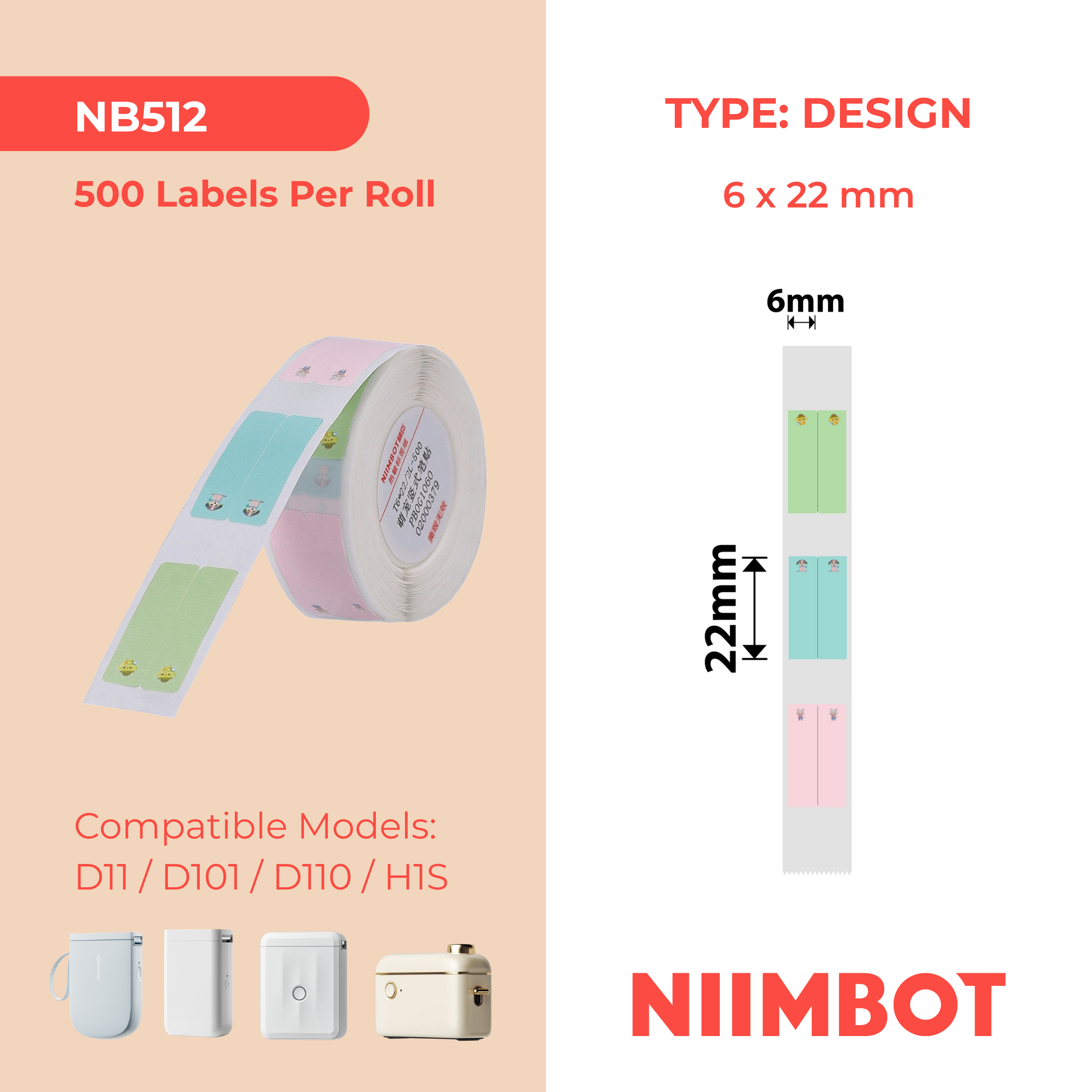NB512 - NIIMBOT - D11 / D101 / D110 / H1S - 6X22MM/2L - 500 MULTI-COLOUR CUTE PET VERTICAL PEN - STATIONARY LABELS