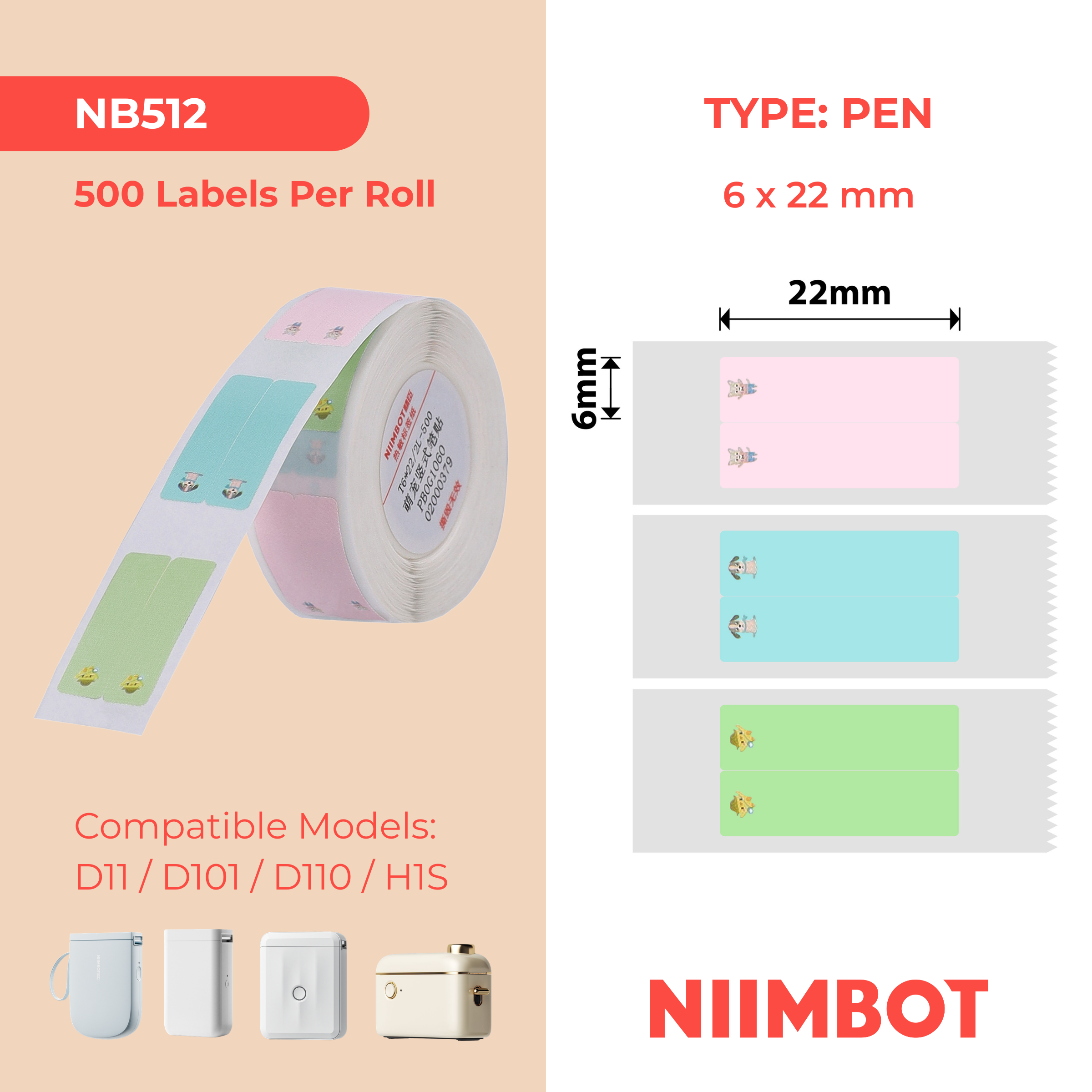 NB512 - NIIMBOT - D11 / D101 / D110 / H1S - 6X22MM/2L - 500 MULTI-COLOUR CUTE PET VERTICAL PEN - STATIONARY LABELS
