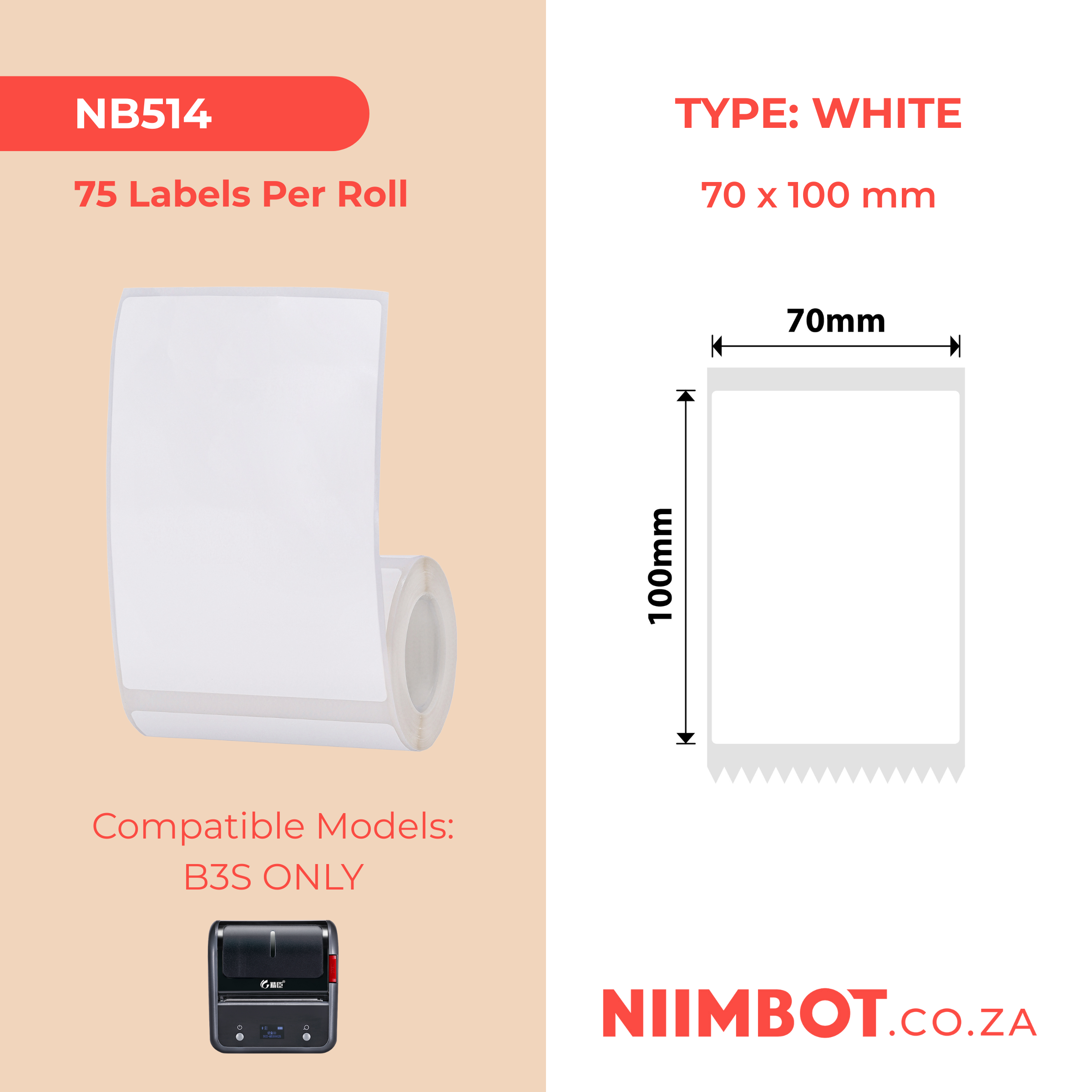 NB514 - NIIMBOT - B3S / B4 ONLY - 70X100MM - 75 WHITE LABELS