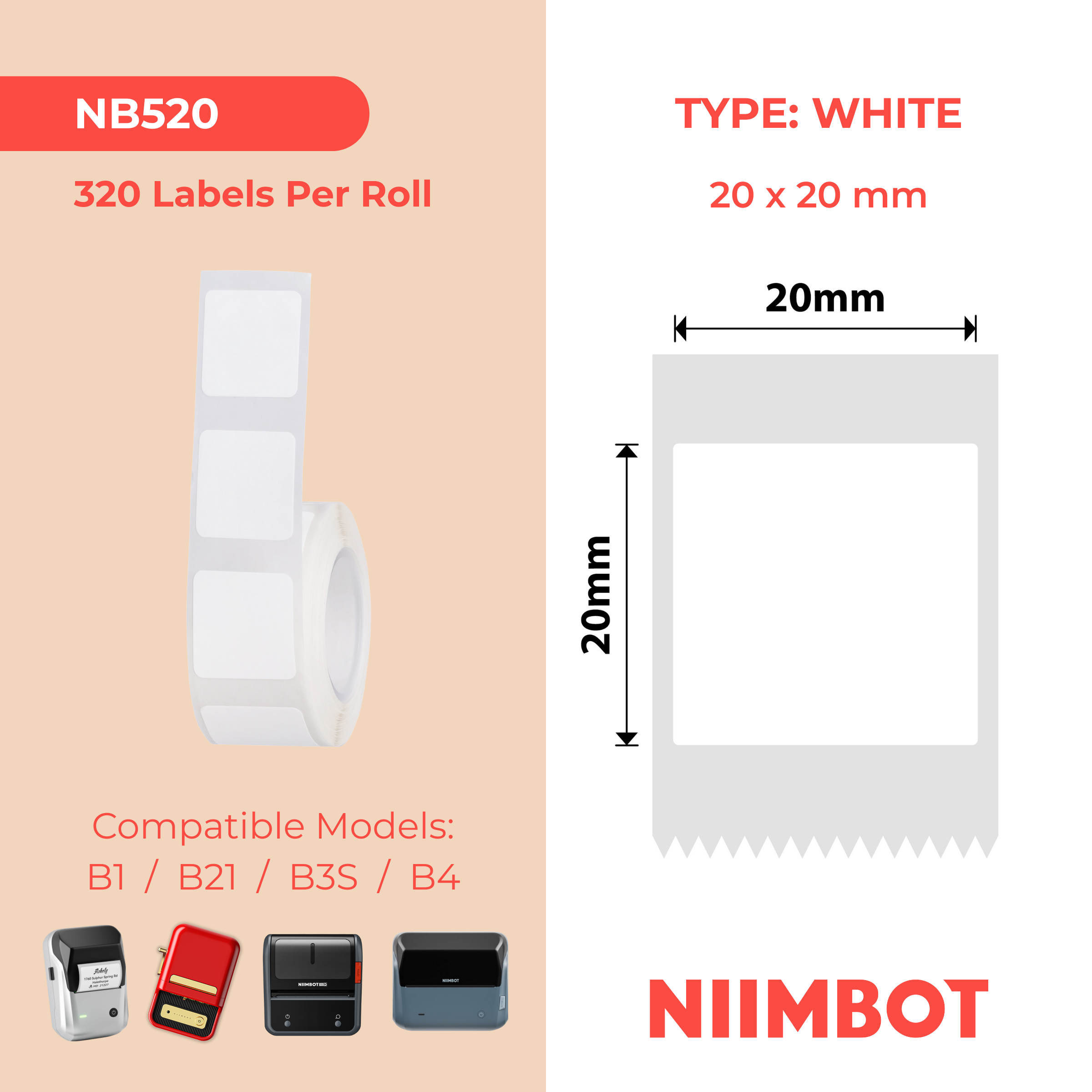 NB520 - NIIMBOT - B1 / B21 / B3S / B4 - 20X20MM - 320 WHITE LABELS