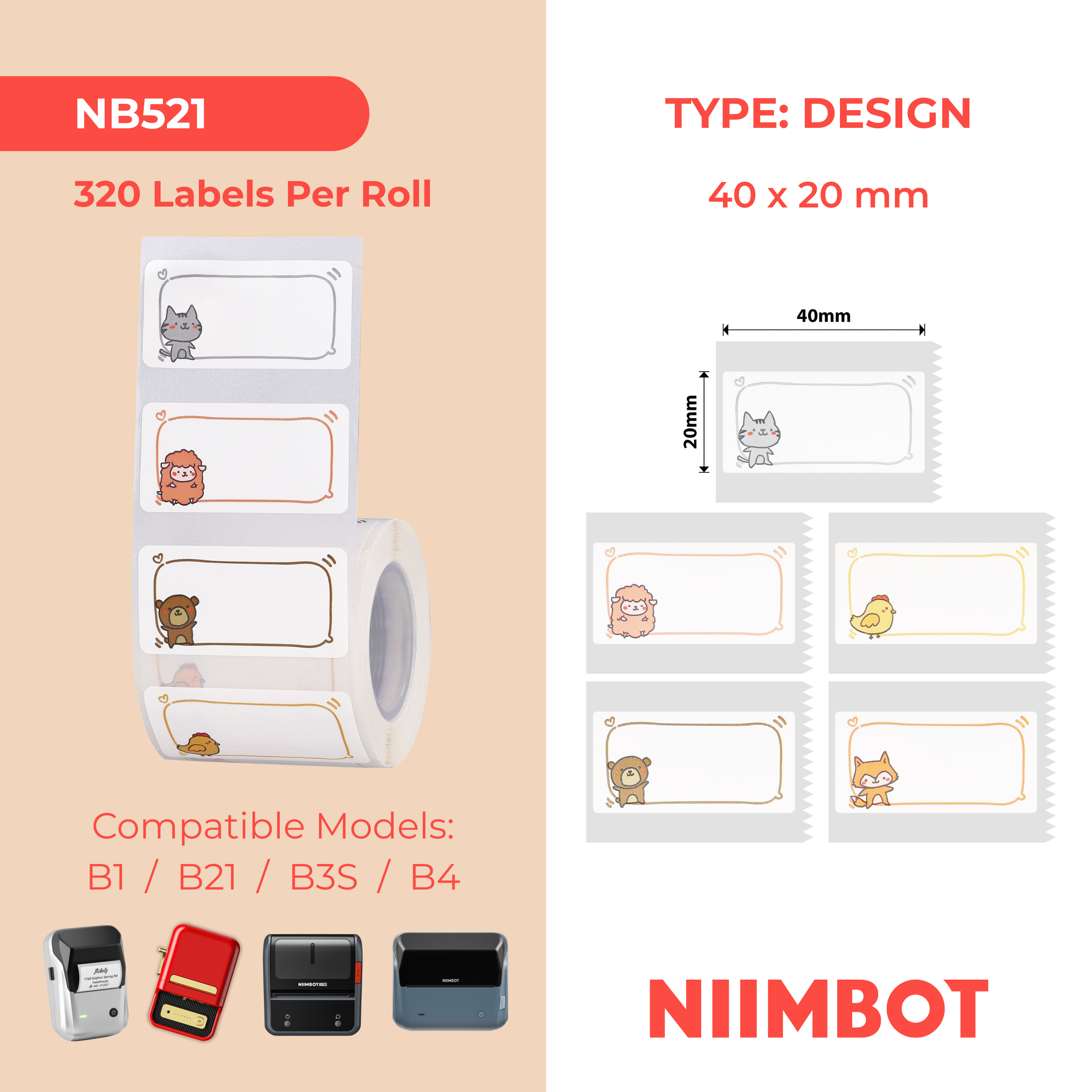 NB521 - NIIMBOT - B1 / B21 / B3S / B4 - 40X20MM - 320 ANIMAL MESSAGES LABELS