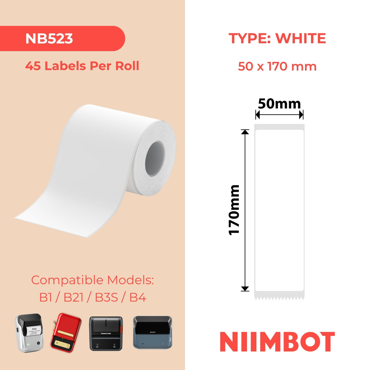 NIIMBOT - B Range - 50x170mm - White - 45 Labels