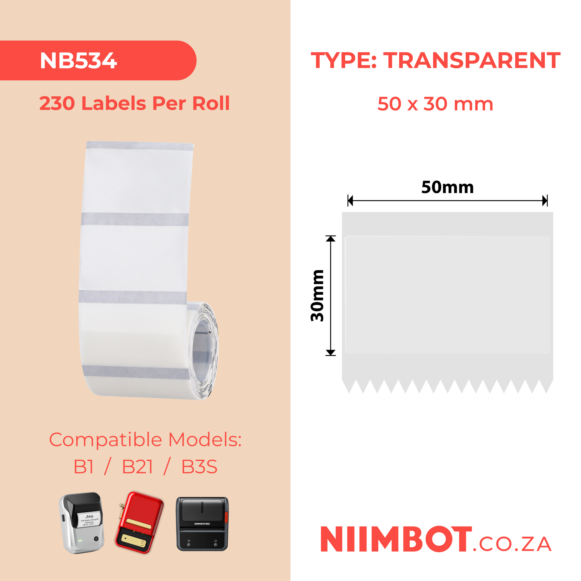 NB534 - NIIMBOT - B1 / B21 / B3S / B4 - 50X30MM - 230 TRANSPARENT LABELS
