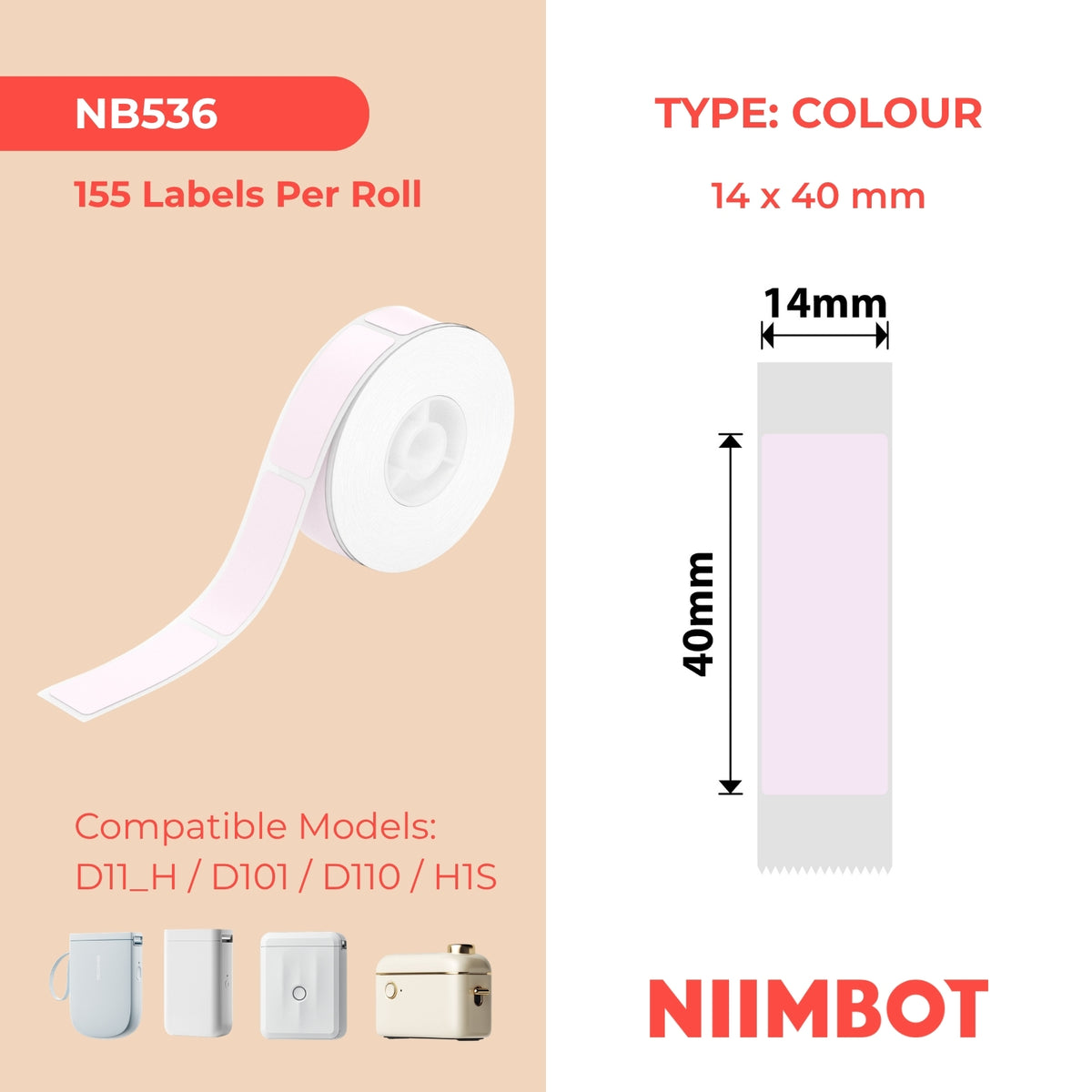 NIIMBOT - Gamma D - 14x40mm - Rosa chiaro - 155 etichette
