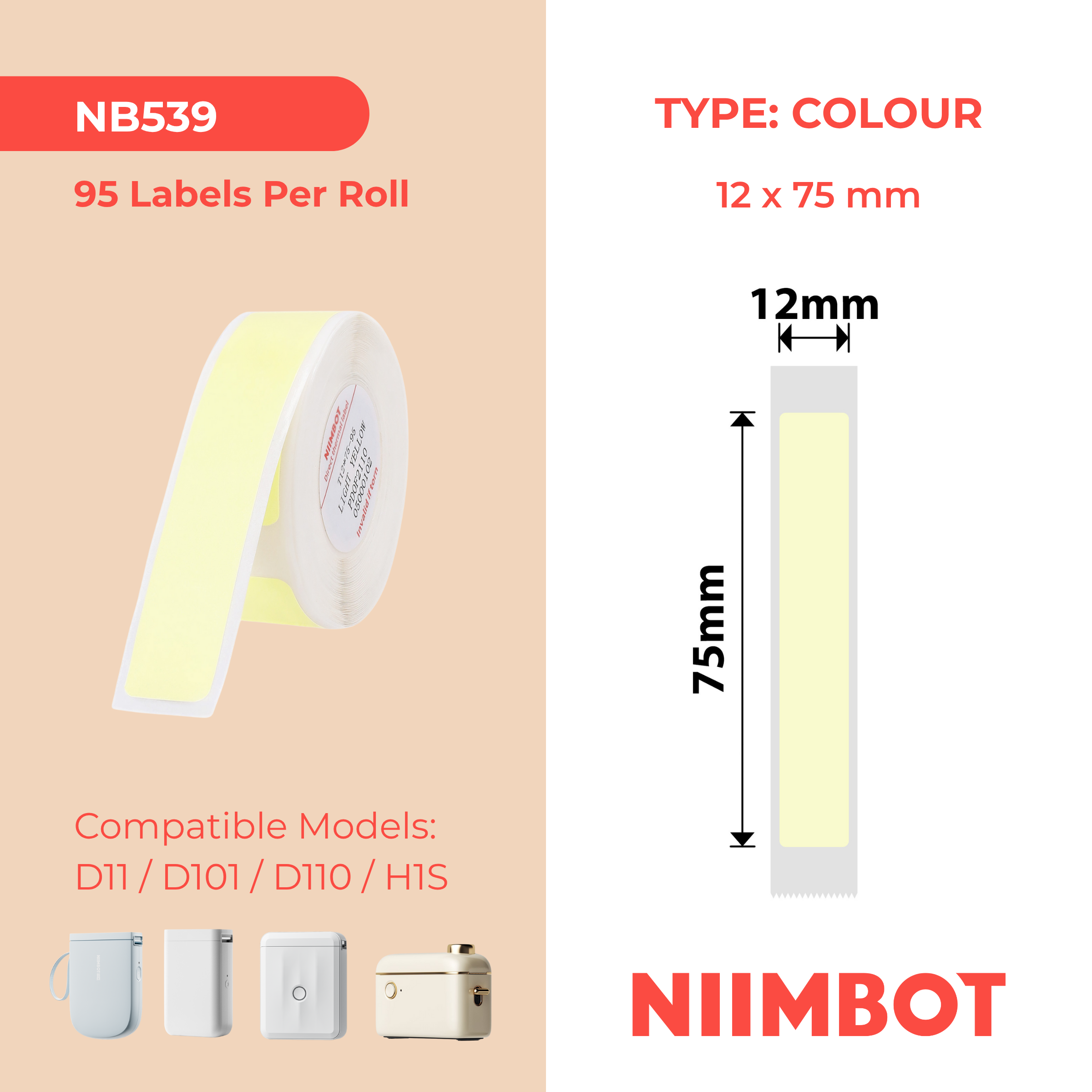 NB539 - NIIMBOT - D11 / D101 / D110 / H1S - 12X75MM - 90 LIGHT YELLOW LABELS