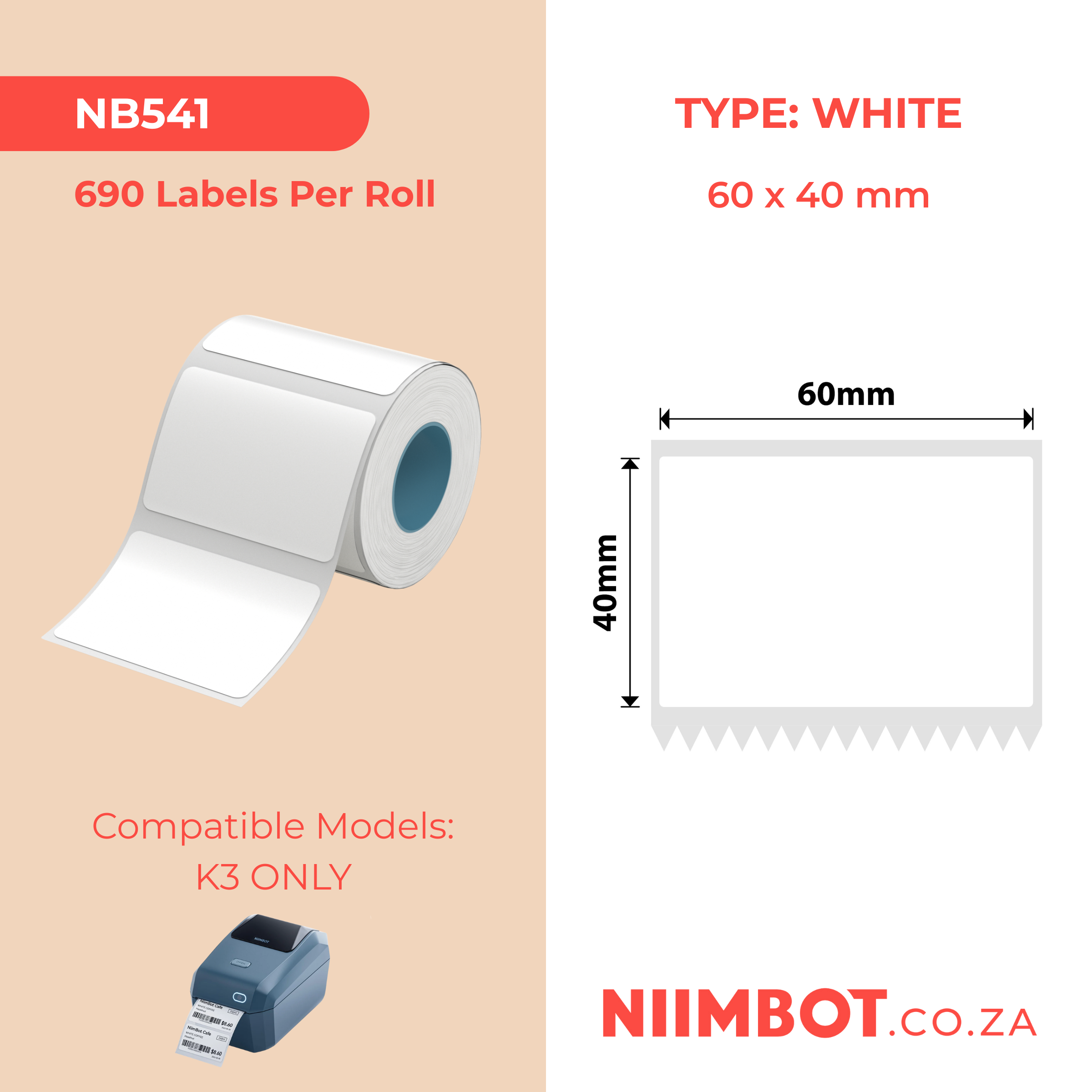 NB541 - NIIMBOT - K2 / K3 - 60X40MM - 690 WHITE LABELS