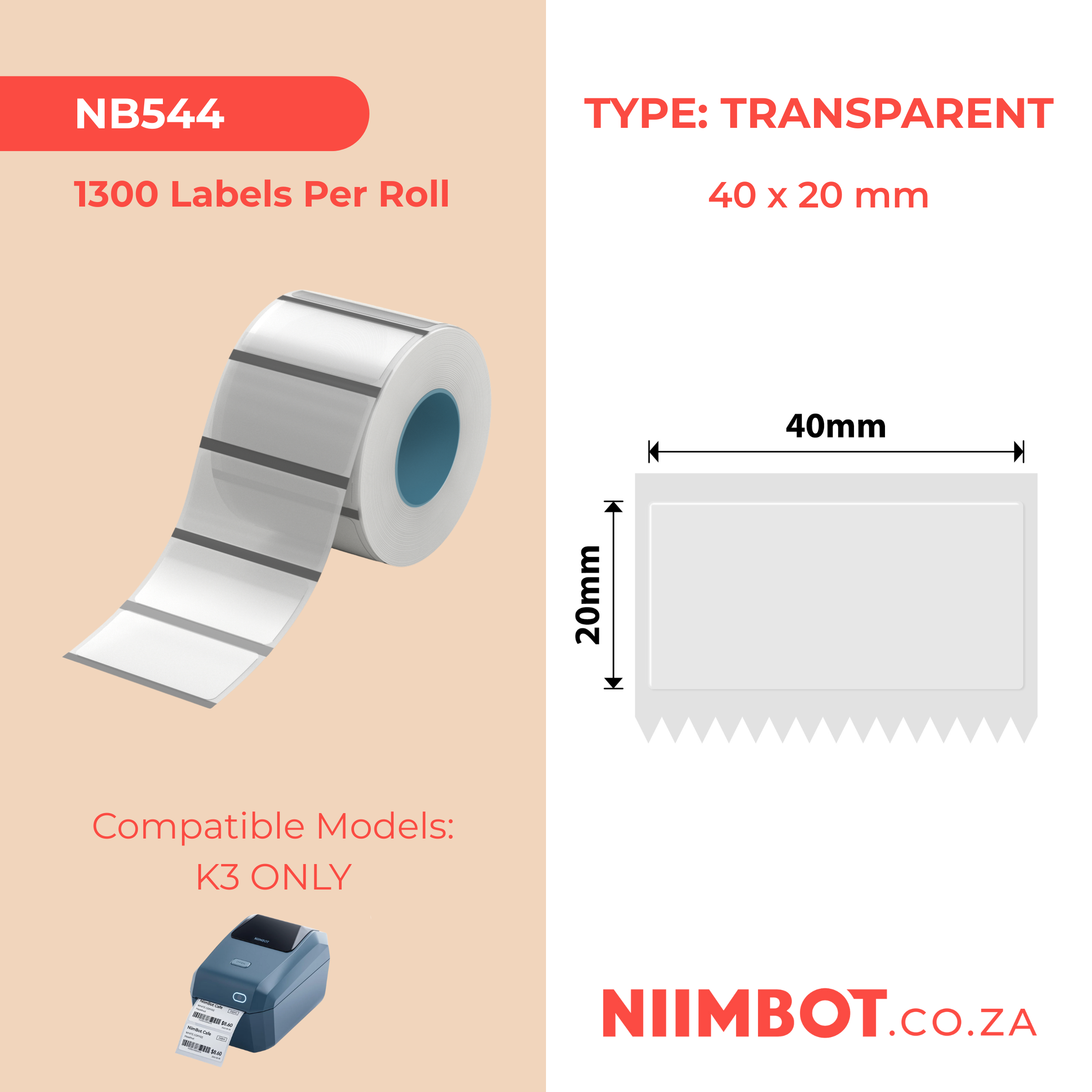 NB544 - NIIMBOT - K2 / K3 - 40X20MM - 1,300 TRANSPARENT LABELS