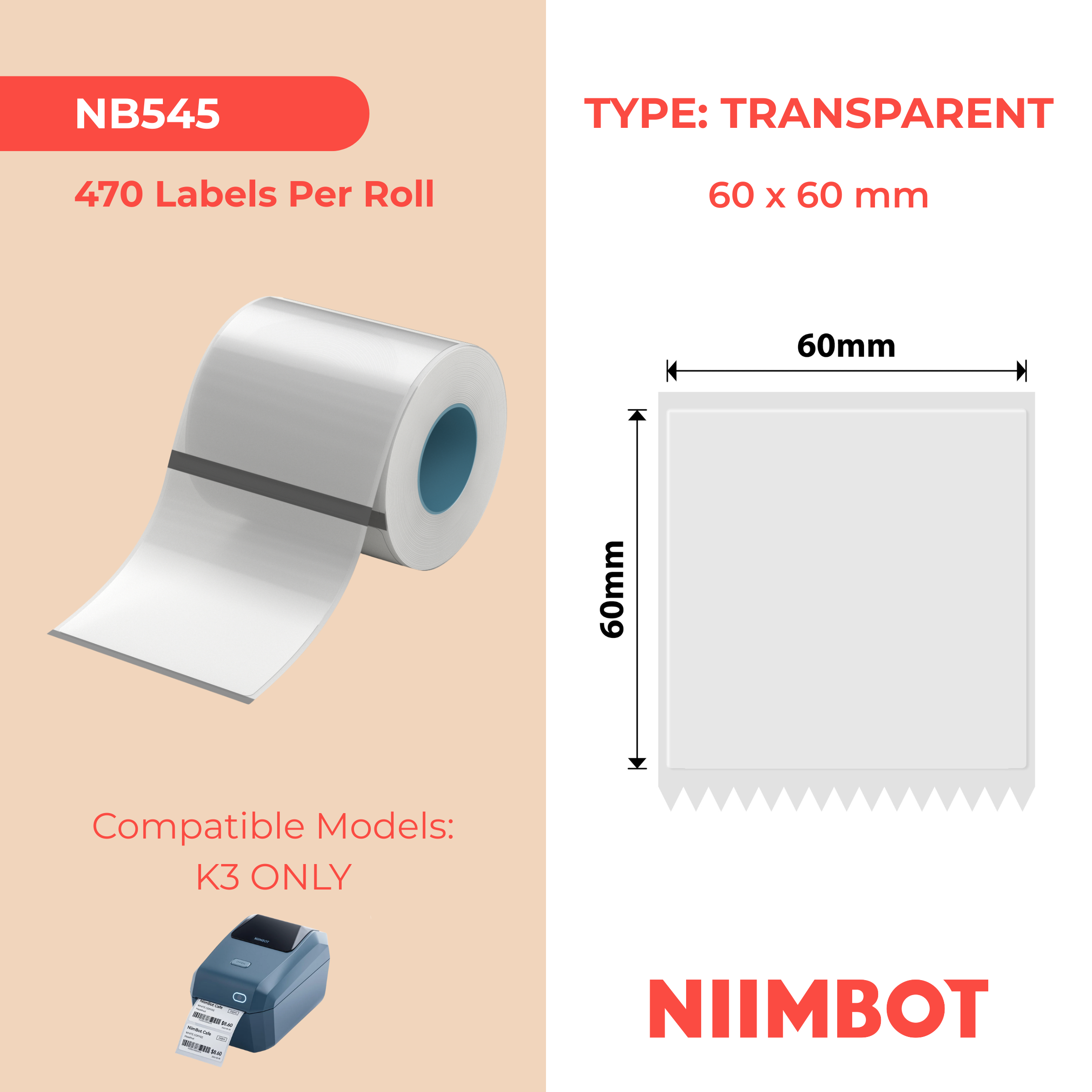 NB545 - NIIMBOT - K2 / K3 - 60X60MM - 470 TRANSPARENT LABELS